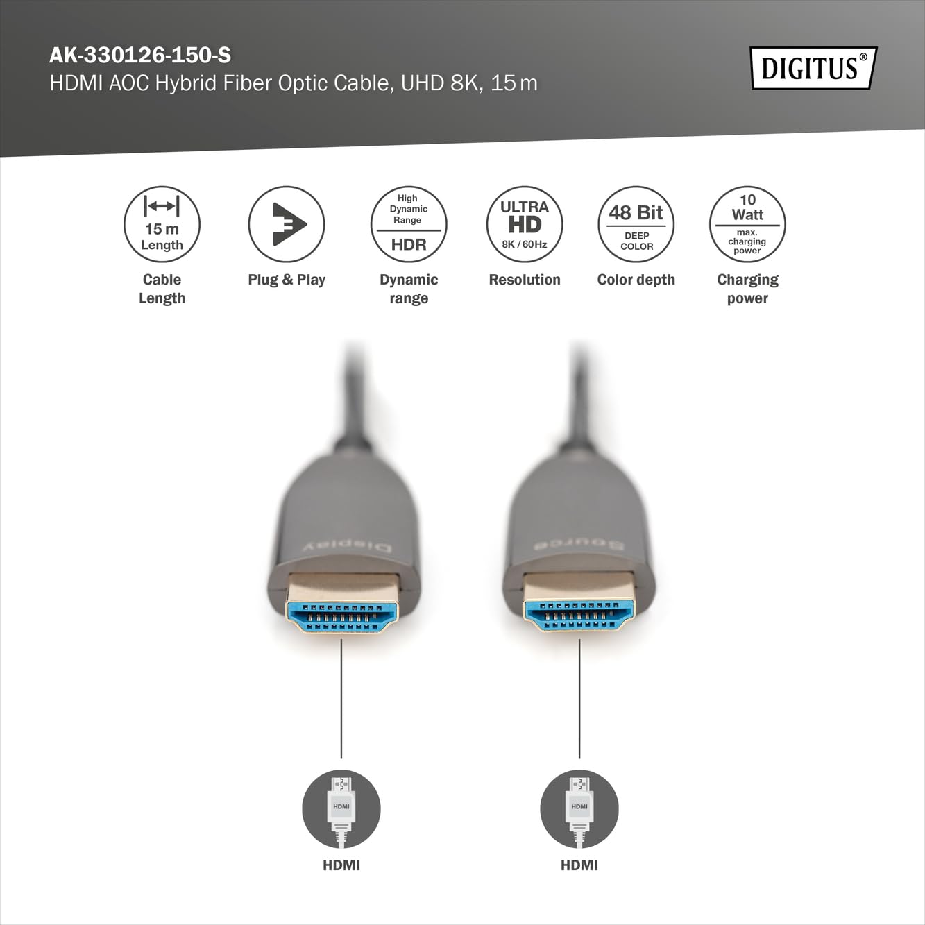 Digitus HDMI AOC Hybrid Fiber Optic Cable 15m - 8K@60Hz 4K@120Hz HDMI 2.1 Certified - Ultra HD HDR eARC HDCP 2.2 - Ethernet Channel - Gold Plated Connectors - Compatible with Smart TV, Projector, Gaming Monitor, Home Theater - Perfect for 8K Gaming, 4K Streaming & Professional AV Setups