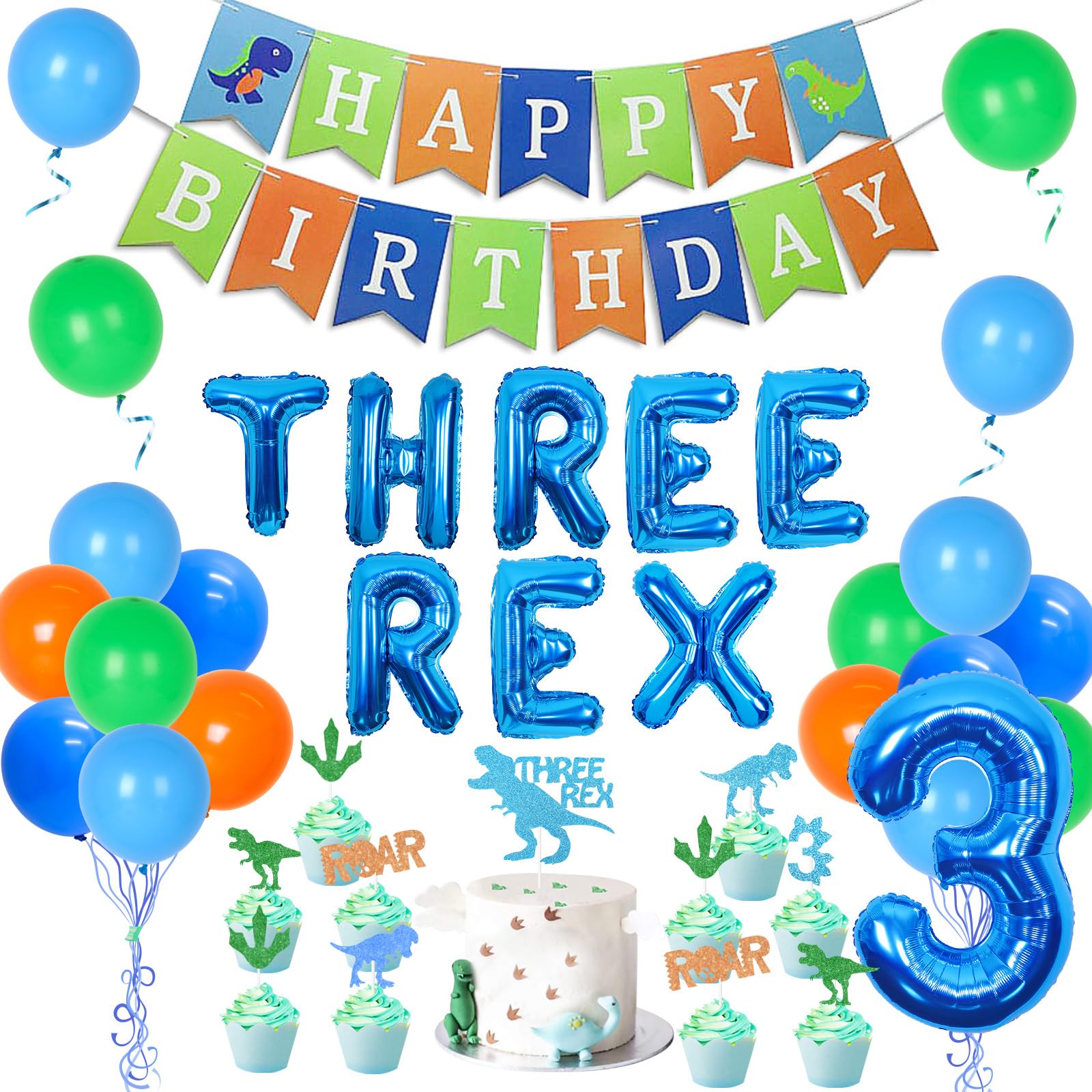 23Pcs Blue Dinosaur 3rd Birthday Party Decorations Set - Dino Banner, Balloons, Cake Toppers for Boys - Perfect for 3 Year Old's Jurassic Themed Birthday Party, Baby Shower & Classroom Decor