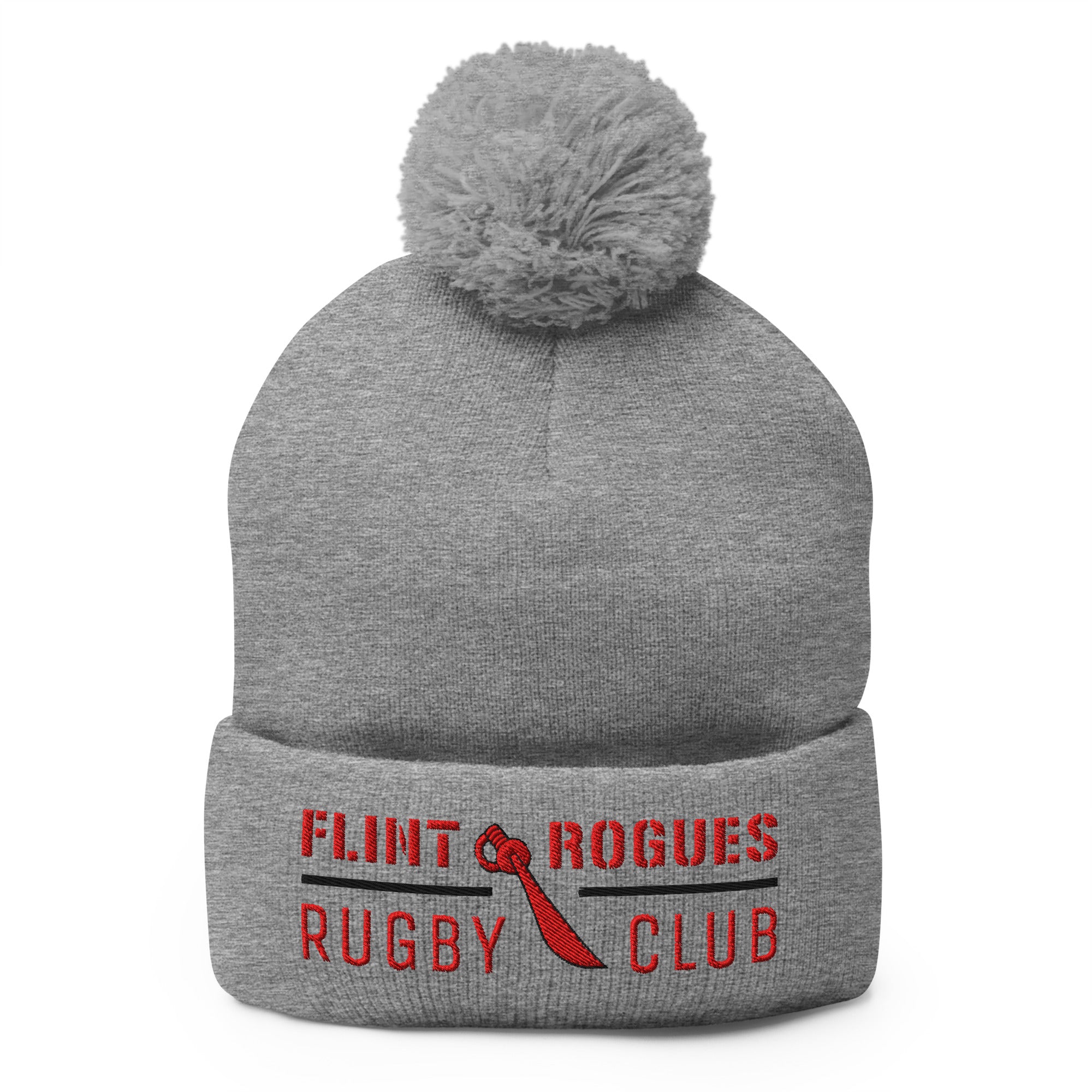 Flint Rogues RFC Pom Beanie - Winter Knit Hat for Men & Women - Soft Warm Skull Cap with Faux Fur Pom - Perfect for Snowboarding, Skiing, and Outdoor Activities
