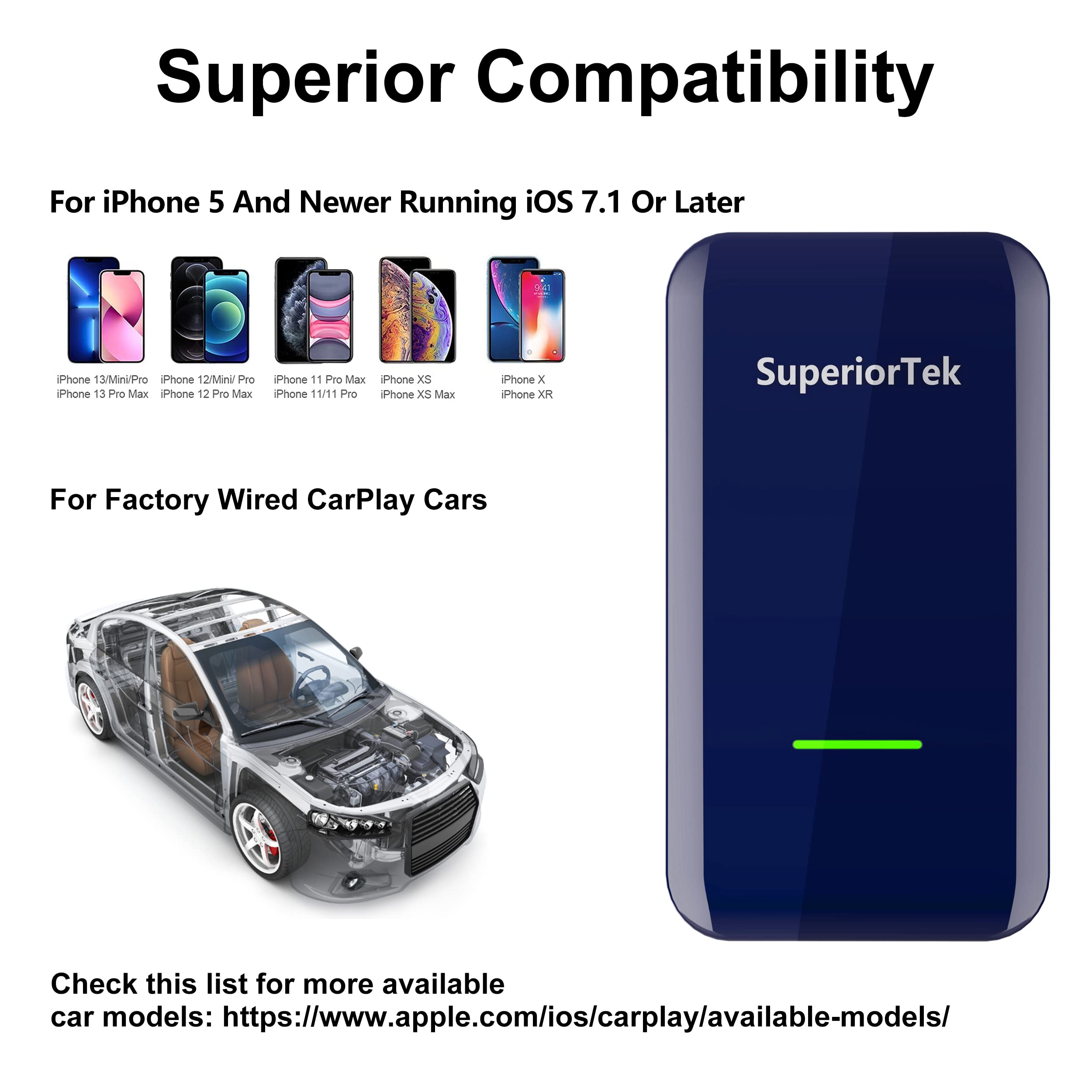 SuperiorTek 5.0 Wireless CarPlay Adapter - Convert Wired to Wireless CarPlay for All Factory Wired CarPlay Cars - Fast & Stable Connection - Easy Plug & Play - Perfect for Commuting, Road Trips & Hands-Free Driving