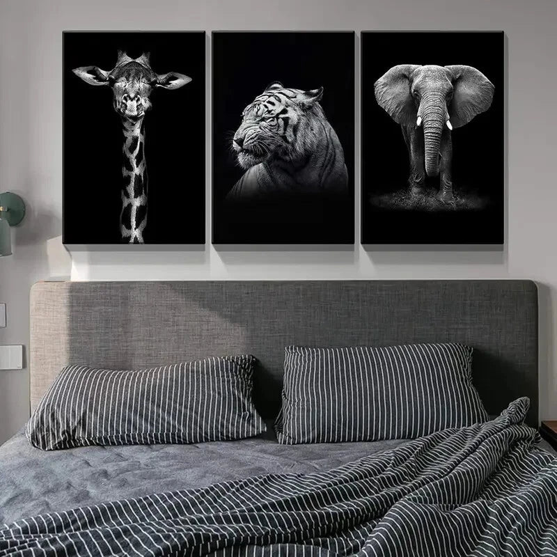 3-Piece Giraffe, Tiger & Elephant Metal Wall Art Prints - Ready to Hang Jungle Animal Decor for Living Room, Nursery & Office