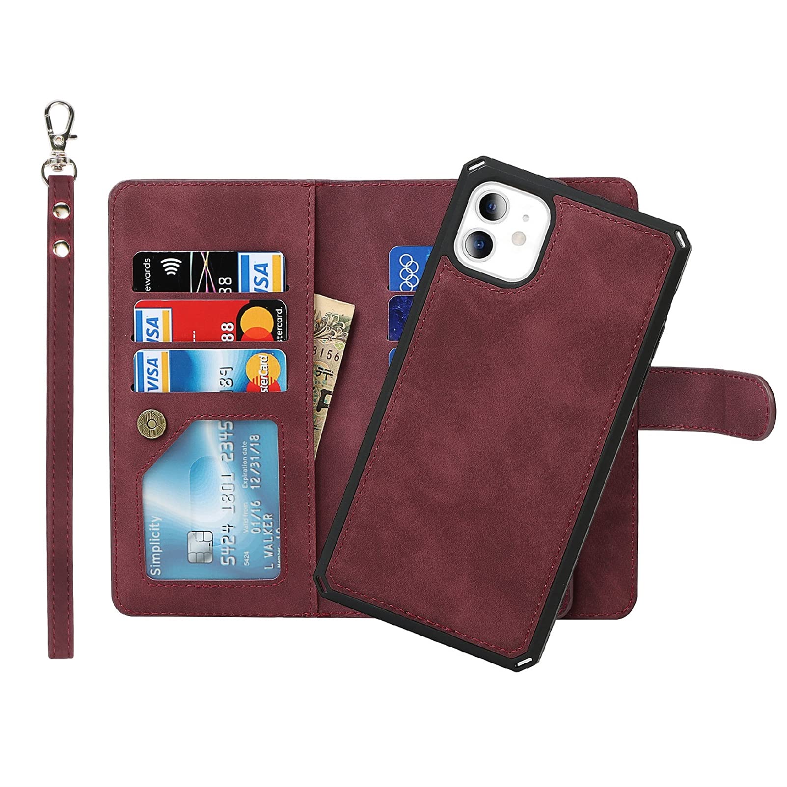Jaorty Luxury Leather Wallet Case for iPhone 11 - Detachable Magnetic 2-in-1 Design with 6 Card Slots, Wrist Strap & Stand Feature | Shockproof Slim Cover (6.1 Inch, Burgundy) | Perfect for Travel, Shopping & Everyday Use