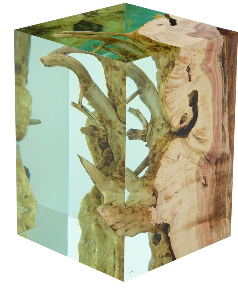 Modern Resin Cube Side Table with Epoxy Wood Design - Stylish Accent Stool for Living Room, Bedroom, or Office Decor