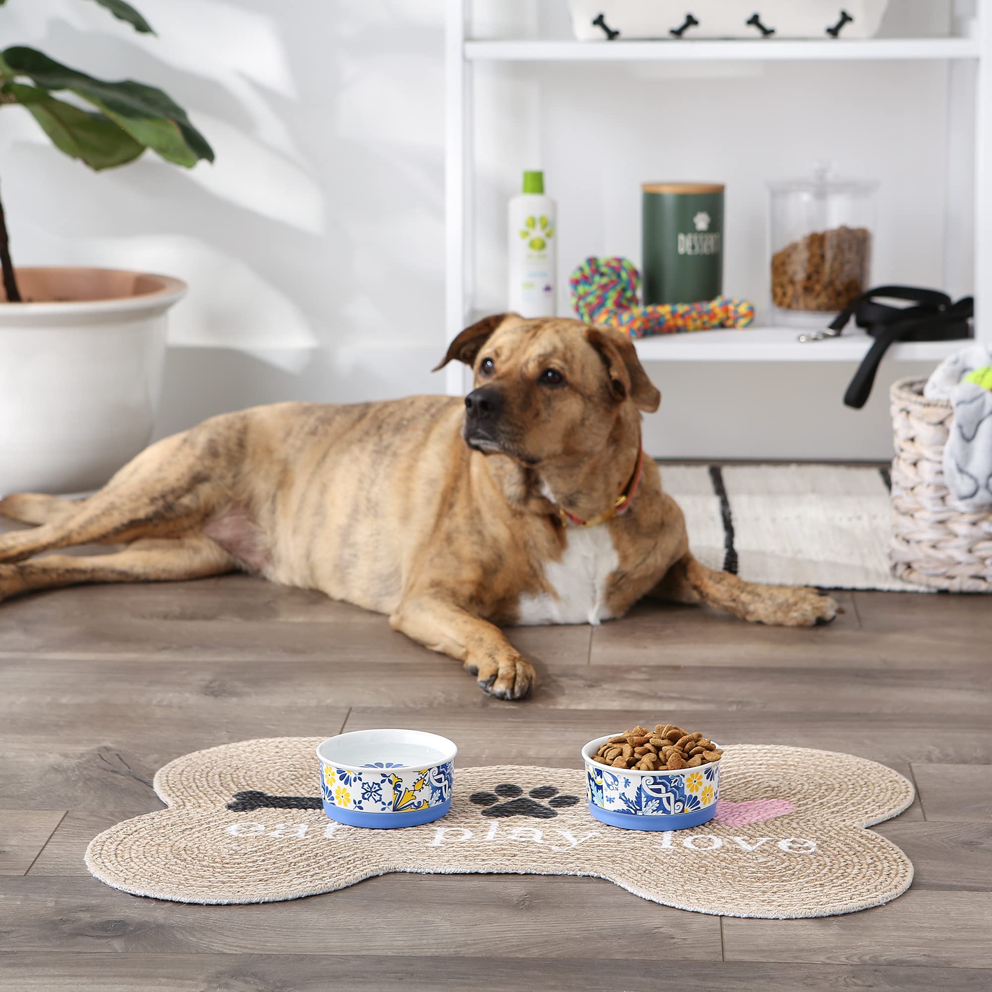 **Non-Slip Ceramic Pet Bowls for Food & Water – Bone Dry Design, Less Messy Feeding – Microwave & Dishwasher Safe Small Set (4.25x2 Inches, Azulejos Tile, 2-Pack) – Perfect for Cats & Dogs at Home or Travel**