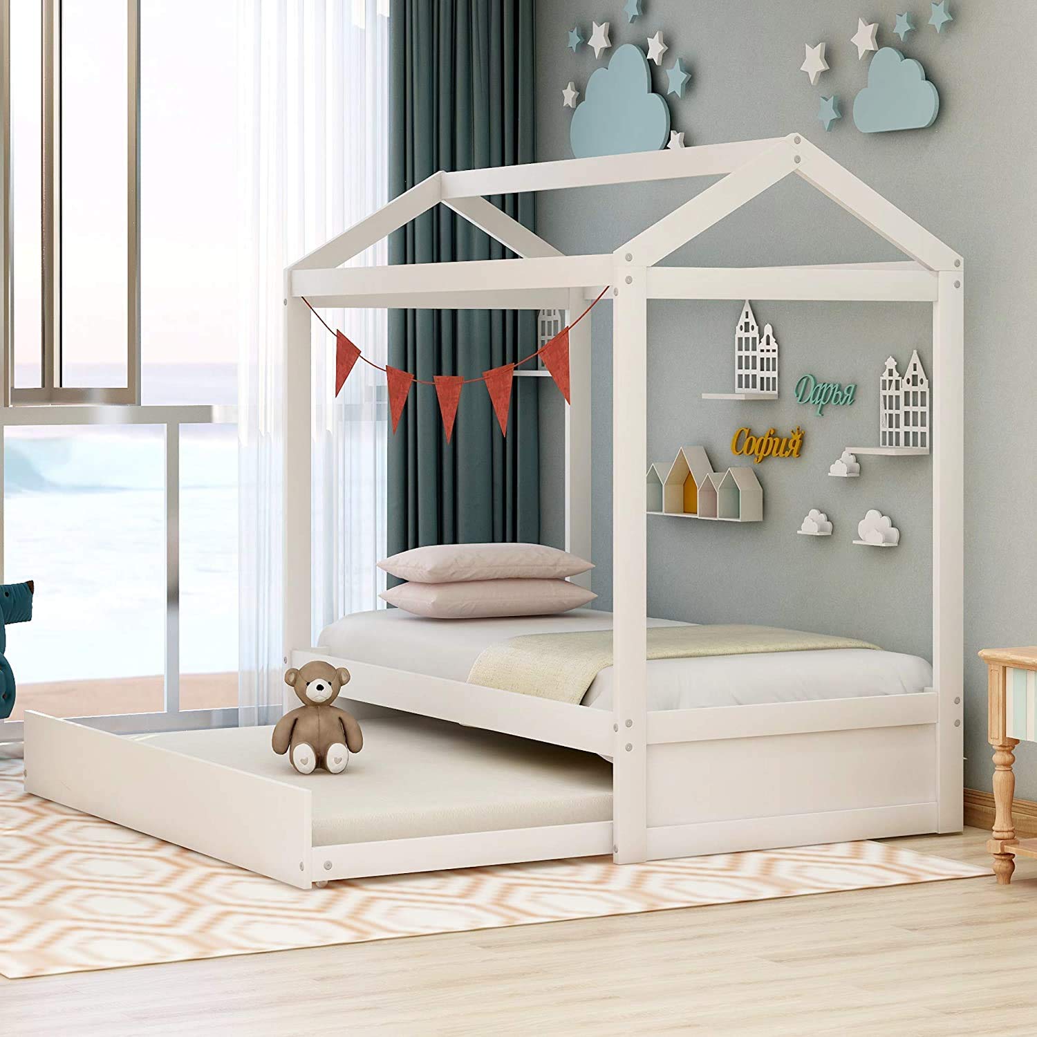 Twin Size Wooden House Bed Frame with Trundle - Kids Bedroom Furniture for Girls & Boys, White - Perfect for Small Spaces & Sleepovers