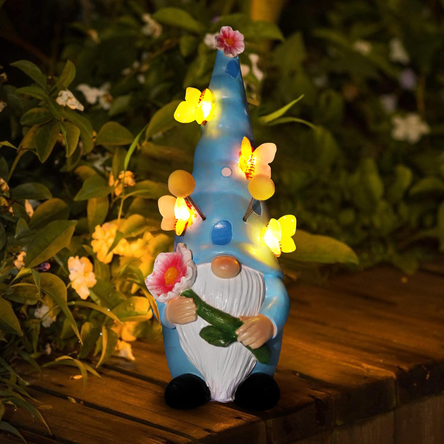 Solar-Powered Garden Gnomes with Butterfly Lights - Funny Outdoor Decor Statues for Yard, Patio & Lawn | Waterproof Gnome Holding Lotus Sculpture - Perfect Gardening Gift for Home & Garden Decoration (Great for Porch, Pathway & Backyard Lighting)