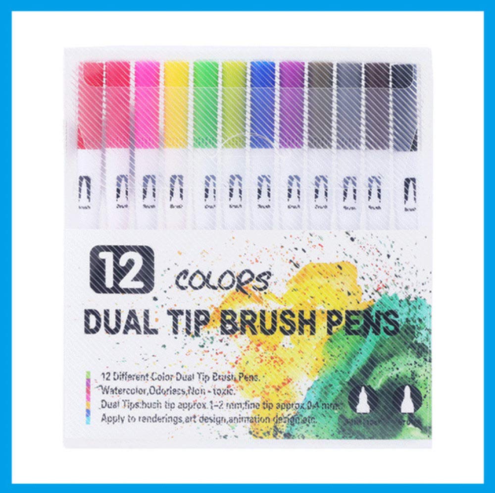 YHWW 12-Piece Dual Tip Watercolor Brush Marker Set - Fine Liner & Brush Pens for Bullet Journaling, Calligraphy, Sketching & Art Projects (12 Vibrant Colors, Including White) - Perfect for Adult Coloring Books, Hand Lettering, and DIY Craft Projects
