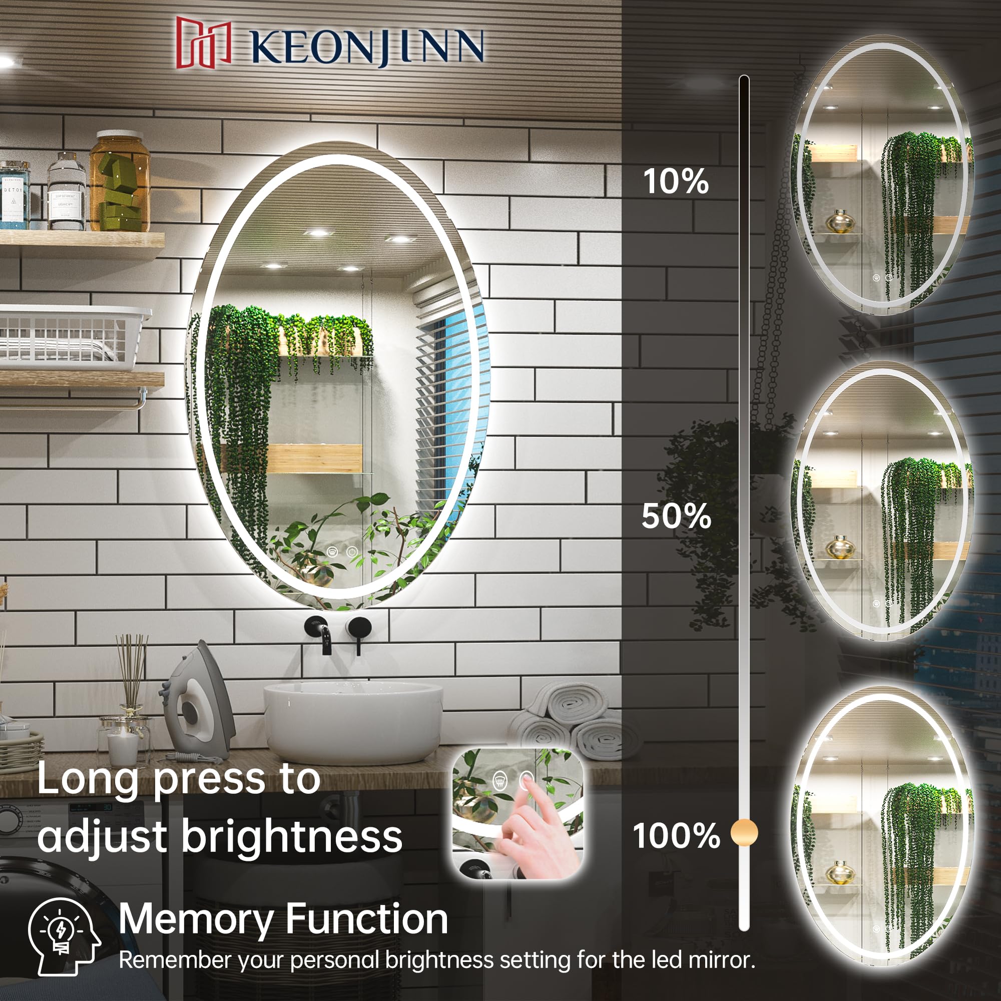 Keonjinn 24 x 36 Inch LED Bathroom Mirror with Anti-Fog & Dimmable Front Lighting - Shatter-Proof Oval Vanity Mirror with Memory Function (CRI 90+) - Perfect for Modern Bathrooms, Makeup Areas & Dressing Rooms