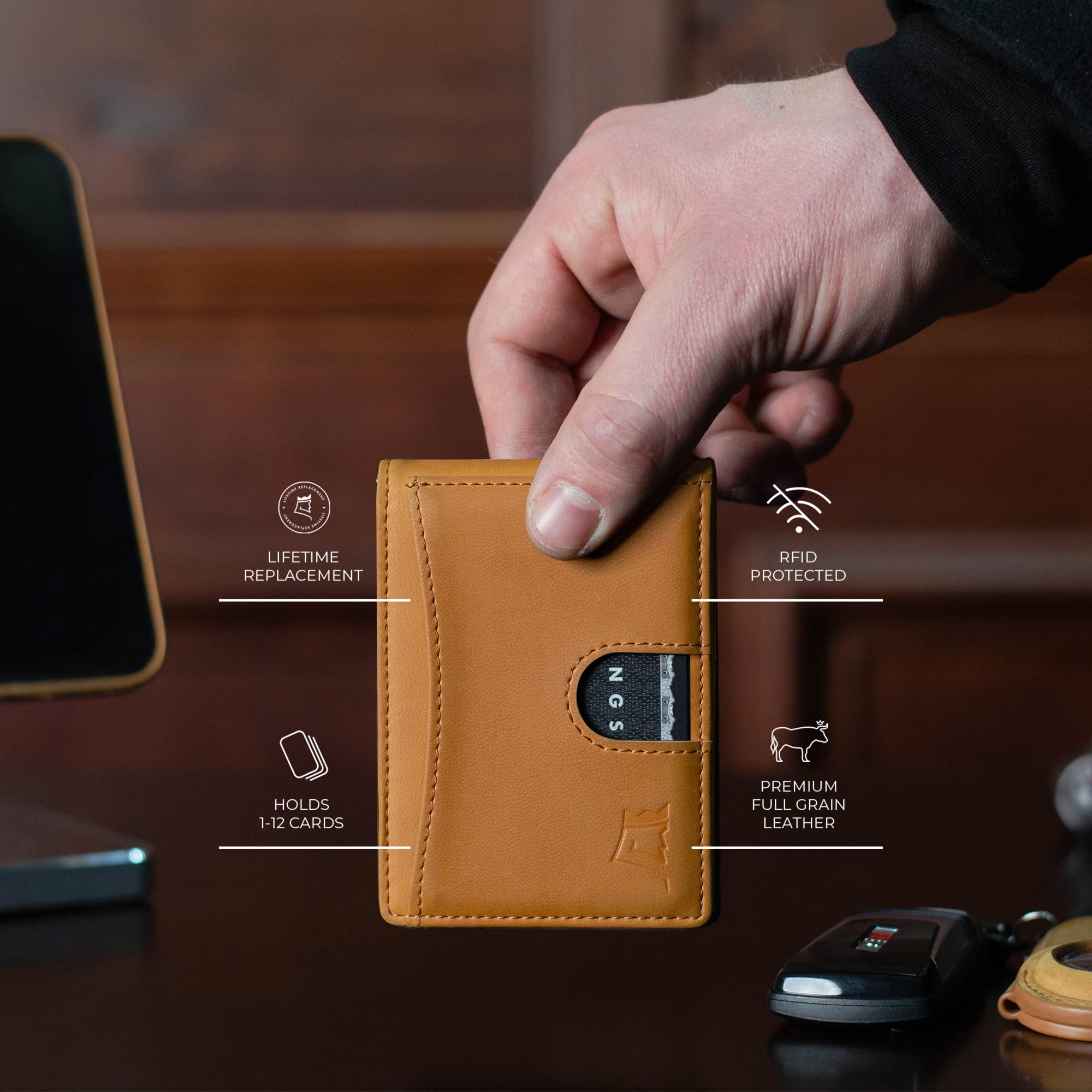 Kings Loot Men's Slim RFID Blocking Leather Money Clip Wallet - Minimalist Front Pocket Bifold Holds 12 Cards | Stylish Compact Design in Buckskin | Perfect for Travel, Business & Everyday Carry