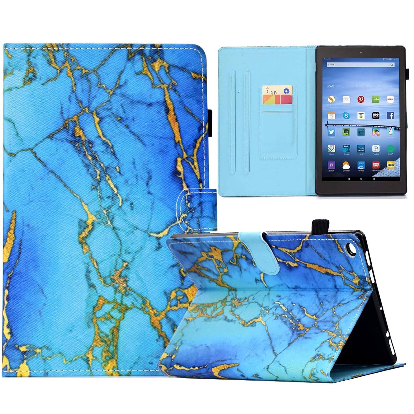 Premium PU Leather Case for Kindle Fire HD 10 (9th/7th/5th Gen 2019/2017/2015) - Auto Wake/Sleep Smart Cover with Card Slot & Stand - Blue Marble Design - Perfect for Reading, Traveling and Office Use