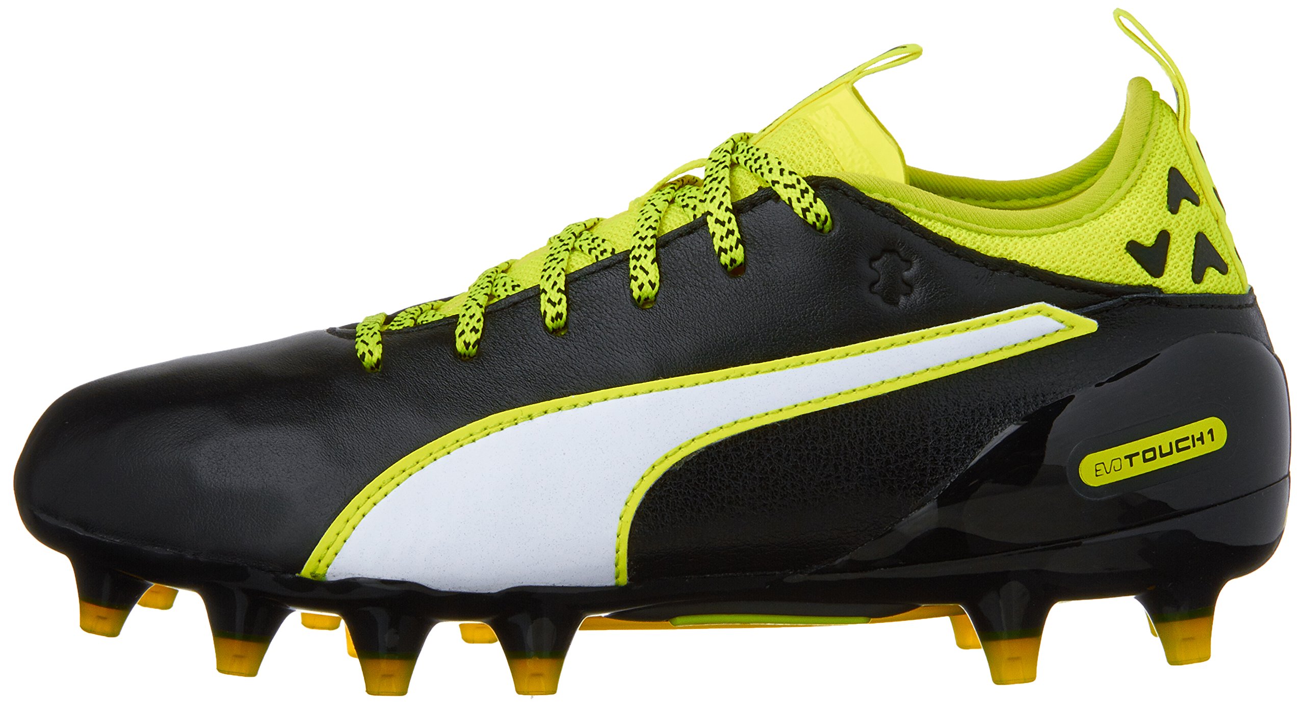 PUMA Kids Evotouch 1 FG Jr Soccer Cleats for Boys - Black/White/Safety Yellow - Size 6 Big Kid - Perfect for Youth Soccer Matches and Training Sessions