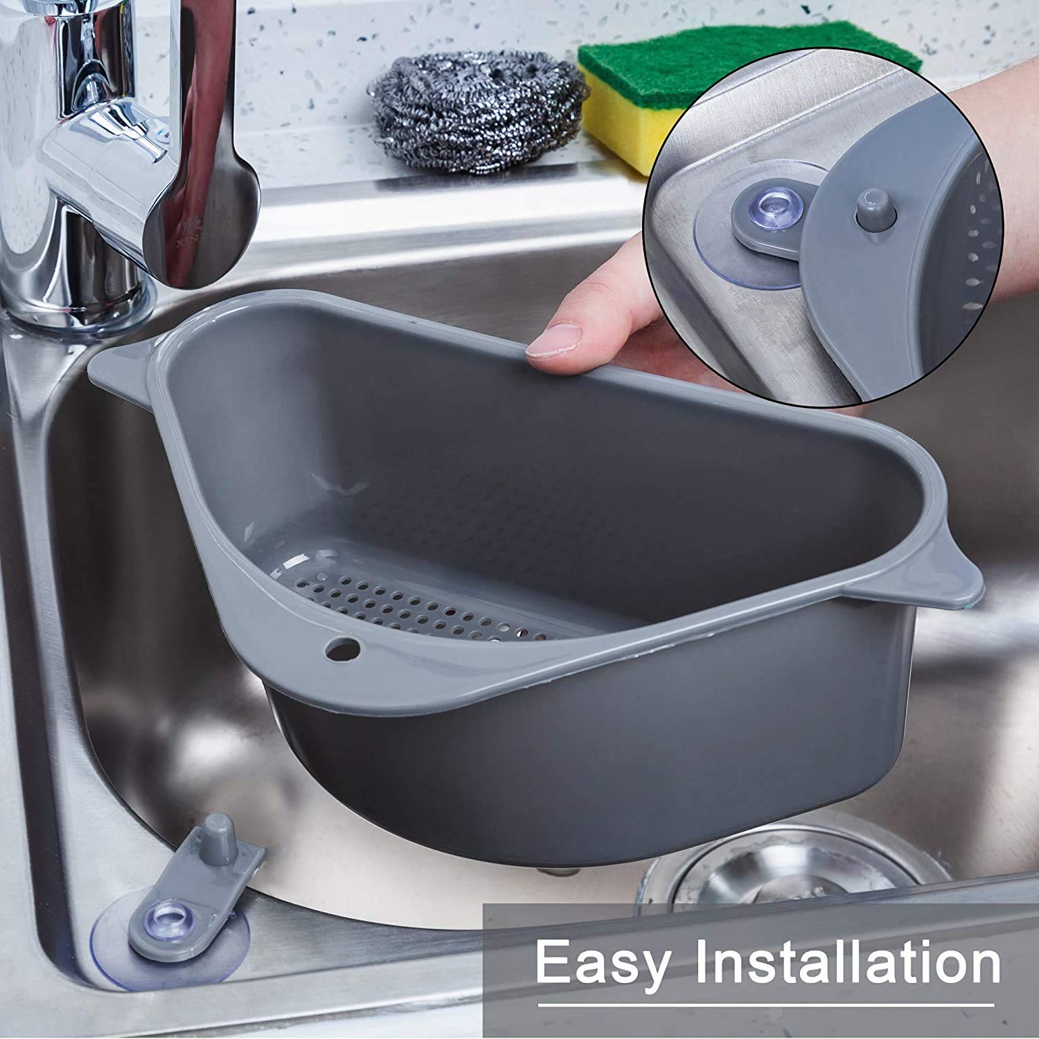 SHOPECOM Kitchen Sink Corner Strainer Basket - Removable Drainer & Storage Rack with Suction Cups | Perfect for Organizing Sponges, Soap, and Cleaning Tools in Small Kitchen Spaces