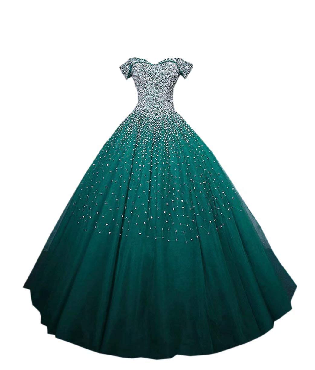 Elegant V-Neck Quinceanera Prom Dresses 2025 | Off-the-Shoulder Ball Gown with Sleeves & Crystal Beading | Perfect for Sweet 16, Homecoming & Formal Dances