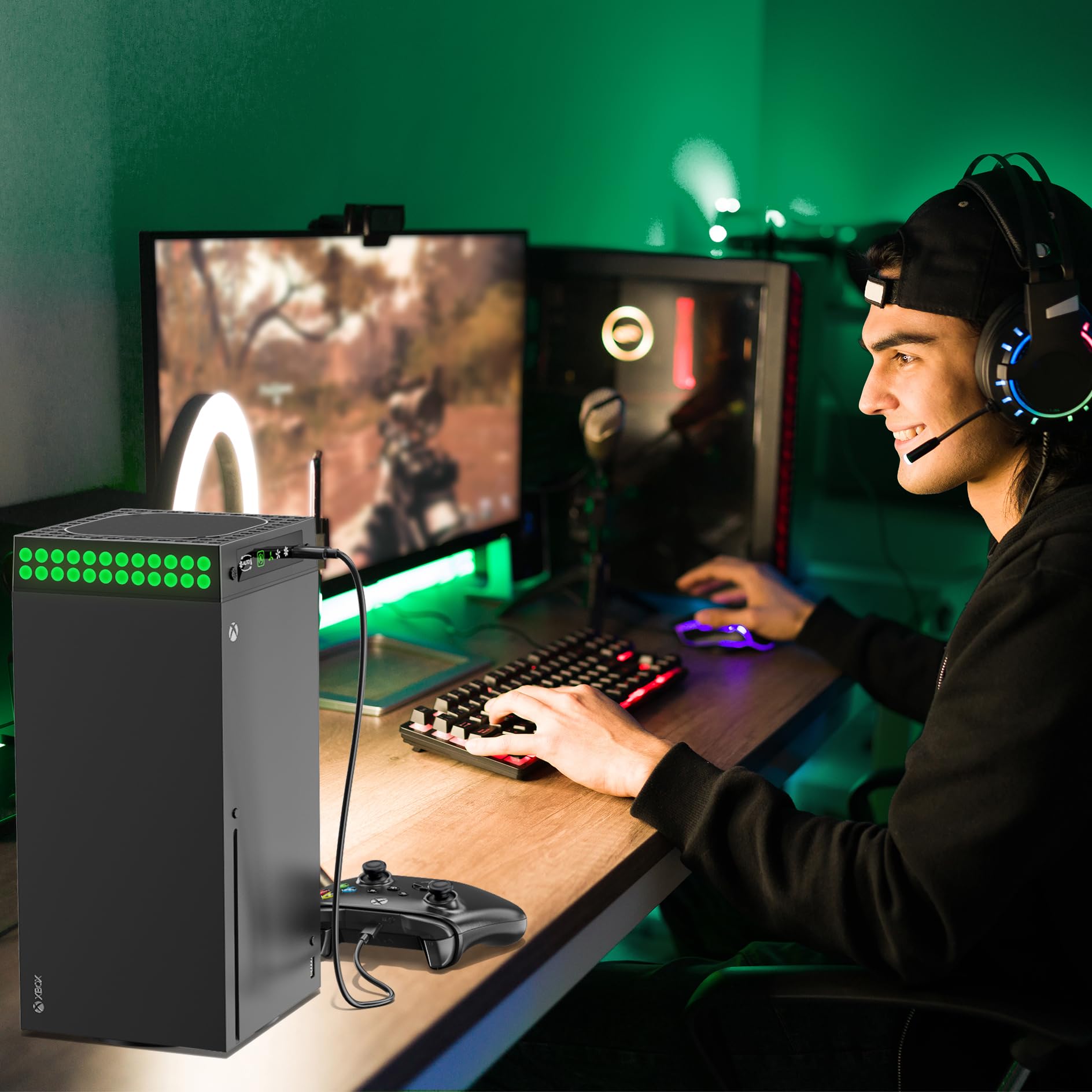 XBX Series X Cooling Fan with Auto Mode & LED Lights - Dust Proof Cooling System for Xbox Series X Console - Built-in Adjustable Fan & Headset Holder - Perfect for Gaming & Streaming Sessions