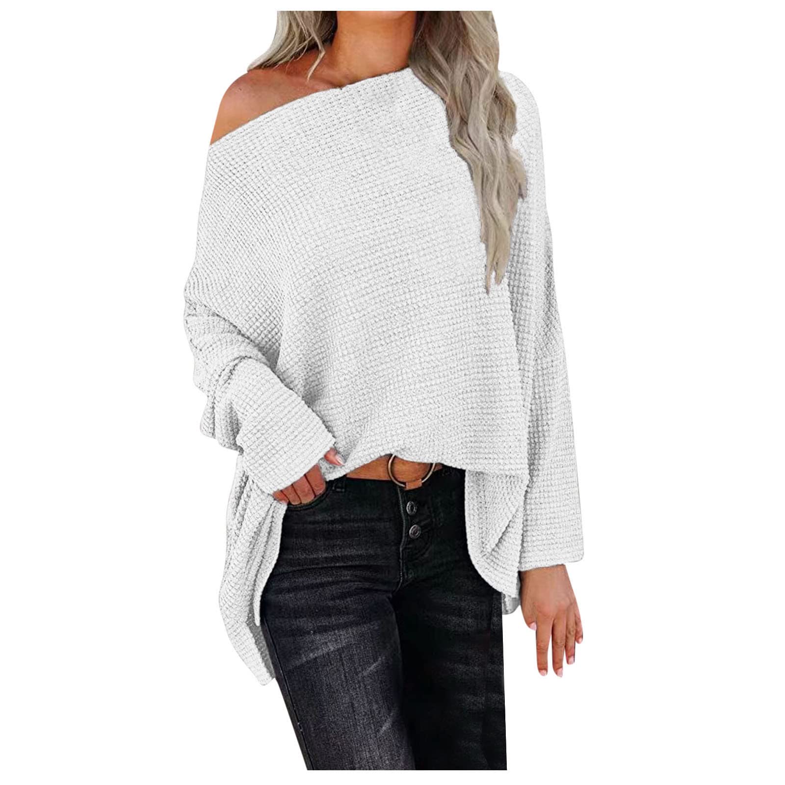 Women's Off Shoulder Waffle Knit Tunic Top - Crewneck Batwing Sleeve Solid Pullover Blouse for Fall Winter | Casual Loungewear, Layering Shirt & Everyday Outfit