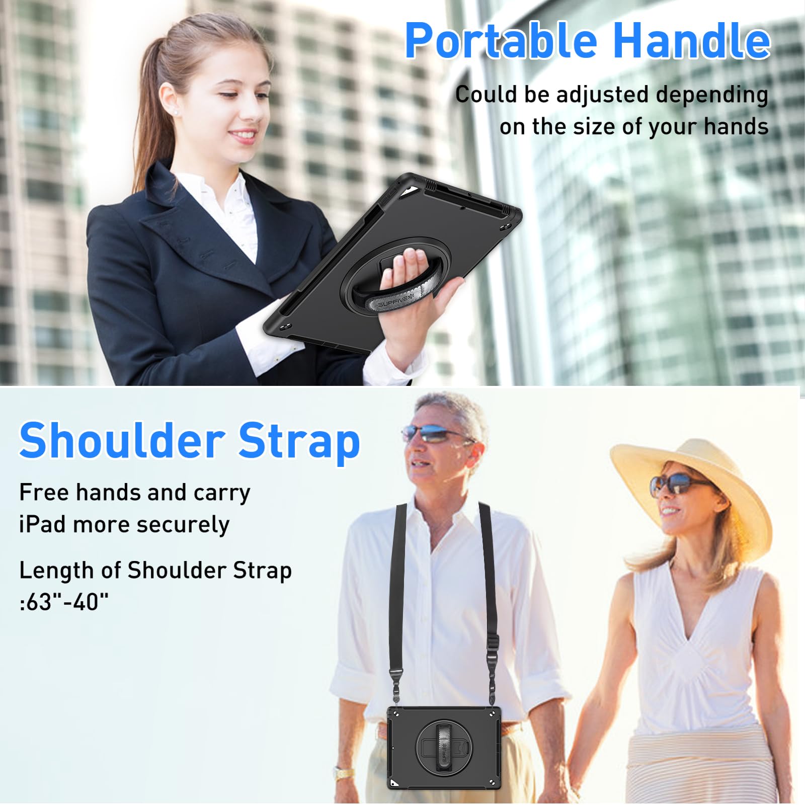 SUPFIVES Military Grade Shockproof iPad Pro 12.9 Case (1st & 2nd Gen 2015/2017) - Heavy Duty Silicone Cover with Pencil Holder, Handle, Shoulder Strap & Rotating Stand - Perfect for Travel, Work & Outdoor Use - Black
