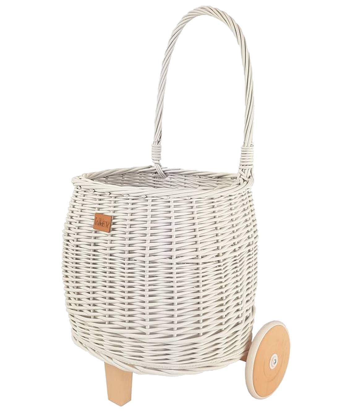WIKLIBOX Rattan Pull Toy Basket - Handmade European Wicker Toy Storage Organizer - White Color for Nursery, Playroom & Kids' Bedroom Organization