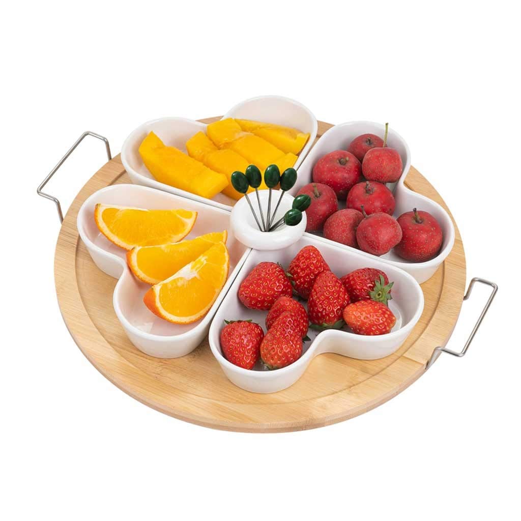 WPYYI Ceramic Appetizer Platter - Porcelain Serving Tray with Wood Base & Ramekins - Perfect for Dipping Sauces, Dessert Bowls, and Condiment Dishes - Ideal for Parties, Entertaining, and Home Dining