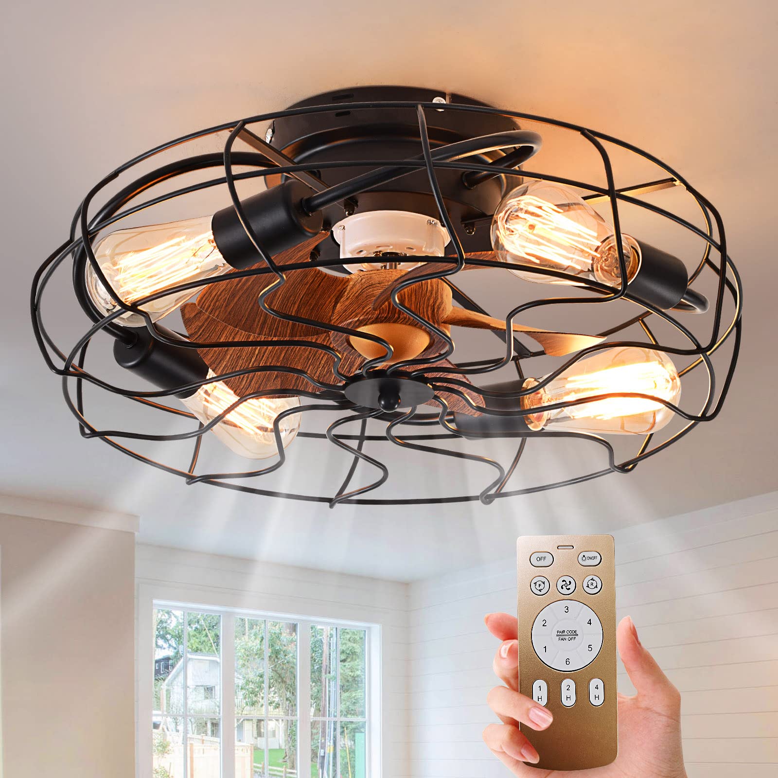 20 Inch Black Bladeless Caged Ceiling Fan with Light & Remote - 6 Speed Adjustable Low Profile Flush Mount Industrial Ceiling Fan for Kitchen, Bedroom, Living Room & Office | Modern Cooling & Lighting Solution