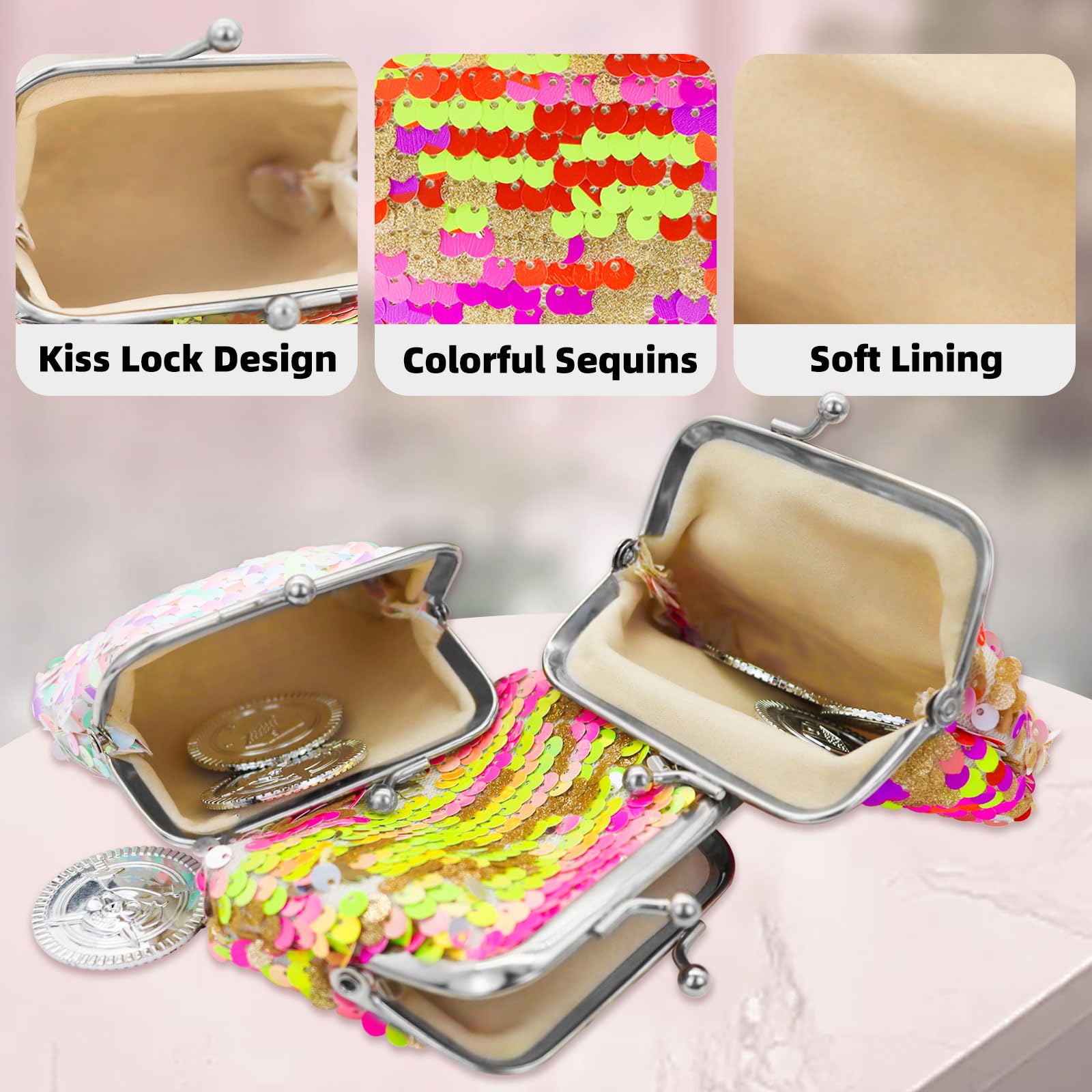 2 Packs Sequin Coin Purse with Kiss Lock - Cute Portable Wallet Pouch for Women & Girls - Holds Coins, Mini Lipstick, Keys - Perfect for Parties, Shopping & Travel Accessories
