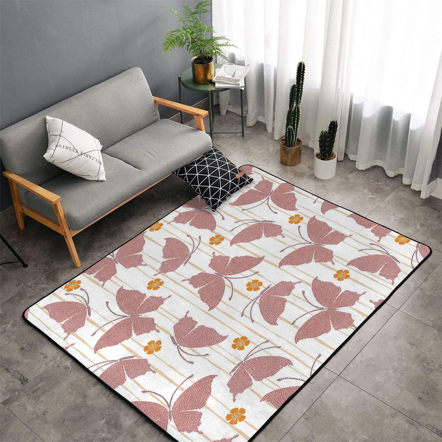 Butterfly Themed Area Rug - Artistic Digital Print with Floral Patterns & Stripes - Modern Non-Slip Living Room Carpet 59