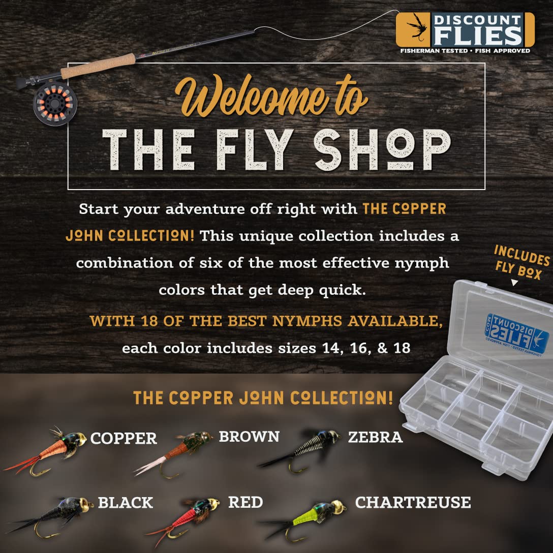 Premium Copper John Fly Fishing Flies Kit - 18 Realistic Nymph Flies with Durable Fly Box - Strong Sharp Hooks for Trout Bass Fishing - Essential Fly Fishing Accessories for Rivers Lakes and Streams
