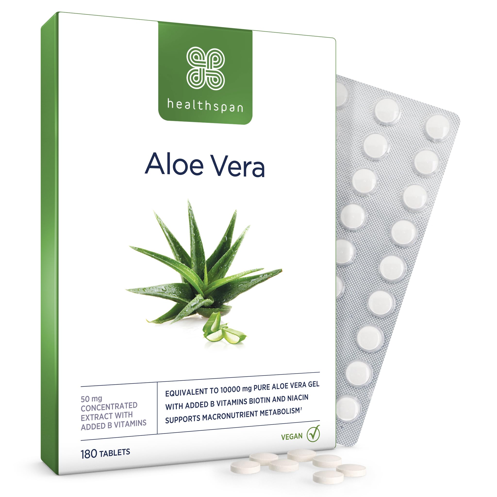 Healthspan Aloe Vera 10,000mg (180 Tablets) - Pure Aloe Vera Gel Supplement with B Vitamins for Metabolism & Immune Support | Vegan, Non-GMO | Perfect for Daily Wellness & Digestive Health