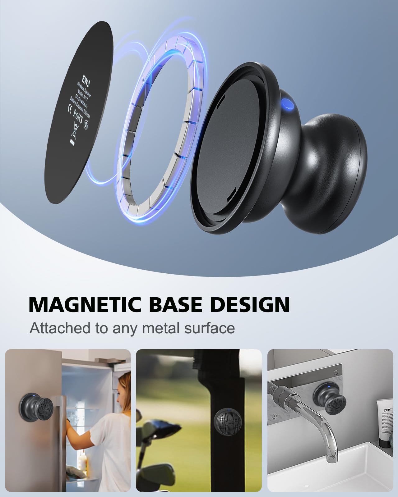 EWA A117 Mini Portable Wireless Bluetooth Speaker with Magnetic Base - Powerful Sound, Easy Metal Surface Attachment, Magsafe & iPhone 15/14/13/12 Pro/Max Compatible - Perfect for Home, Office, Travel & Outdoor Adventures