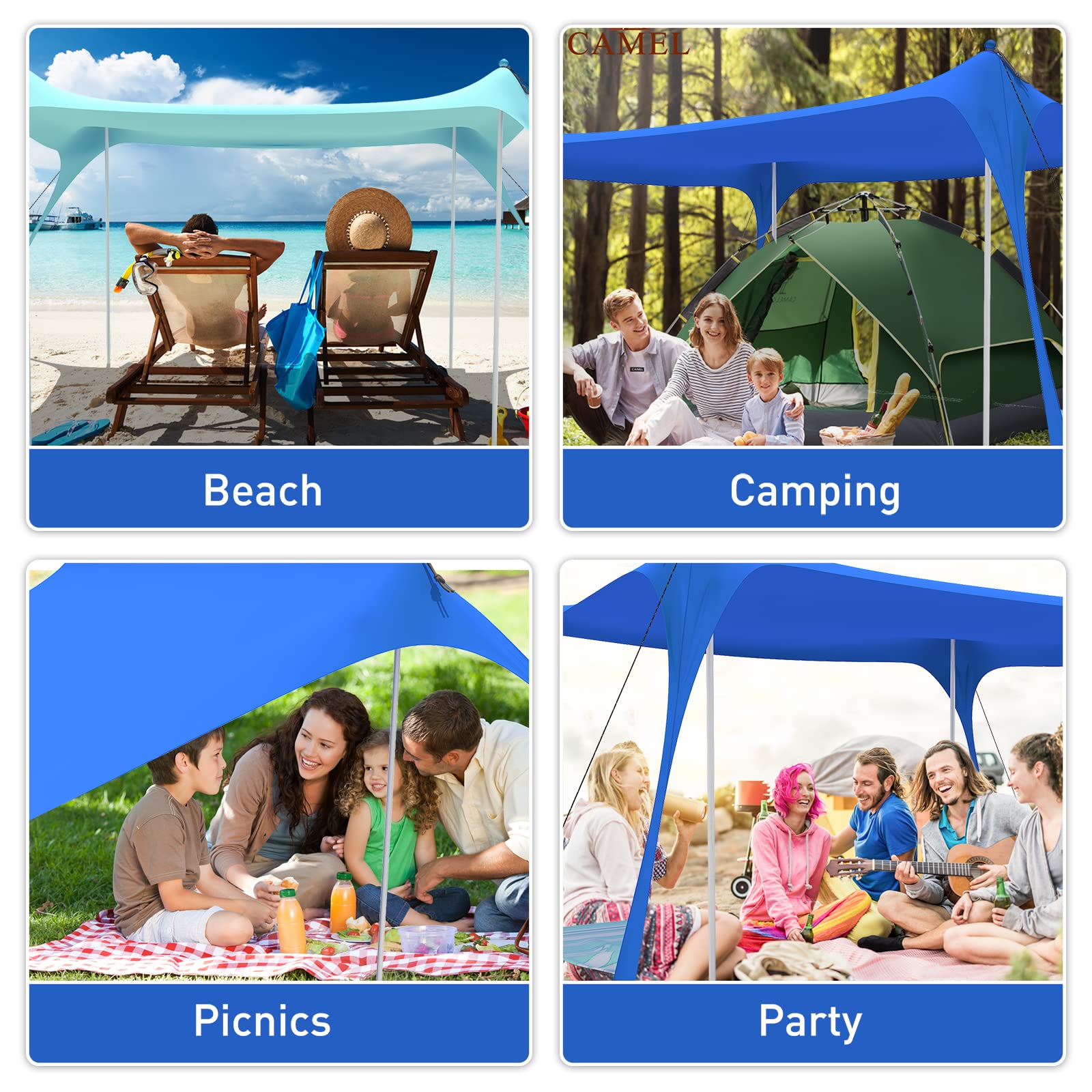 UPF50+ Beach Tent Pop Up Sun Shelter with Stability Poles, Carry Bag & Accessories - Portable 7x7FT Sunshade for Camping, Picnics, Beach Trips & Outdoor Family Activities (Royal Blue)
