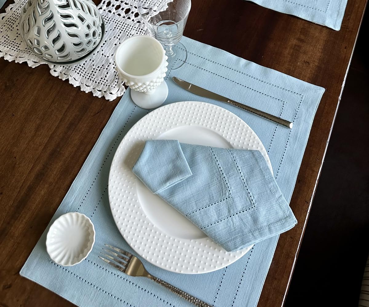 Premium Blue Cotton Placemats Set of 6 - Double Hemstitched, Washable & Soft Woven Table Mats for Kitchen & Dining (13x18 Inches) - Perfect for Everyday Meals, Dinner Parties & Holiday Decor