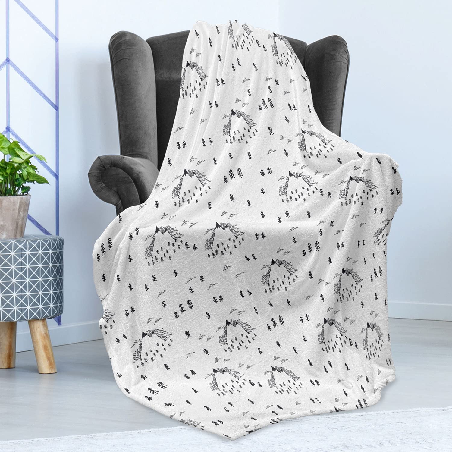 Ambesonne Flannel Fleece Throw Blanket - Soft Mountain Peaks & Spruce Trees Design, 50