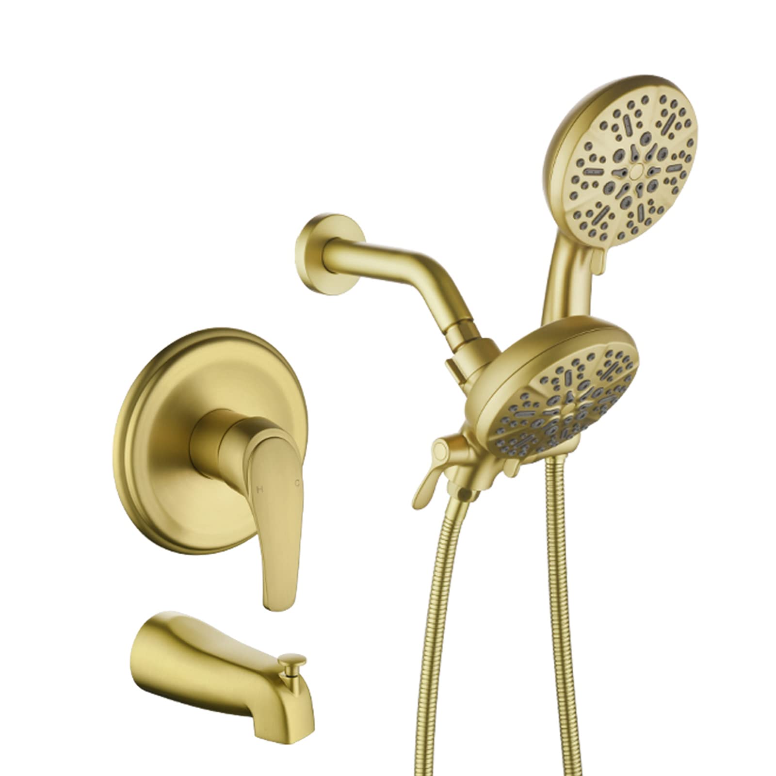 Brushed Gold Dual Shower Faucet Set with Tub Spout - Complete Shower System with Rainfall Shower Head & Handheld Sprayer - Perfect for Bathroom Renovation & Modern Home Upgrade