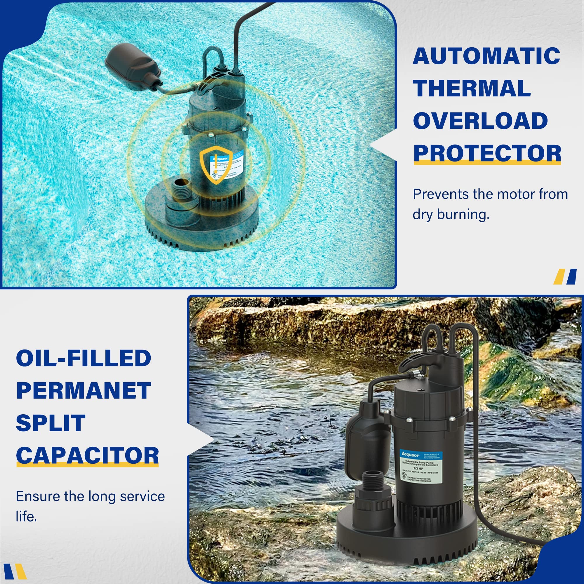 Acquaer 1/3 HP Submersible Sump Pump - 3040 GPH Clean/Dirty Water Pump with Automatic Float Switch & 10ft Power Cord - Ideal for Basement, Pool, Pond, Drain, Flooded Cellar, Aquarium, Irrigation & Emergency Water Removal