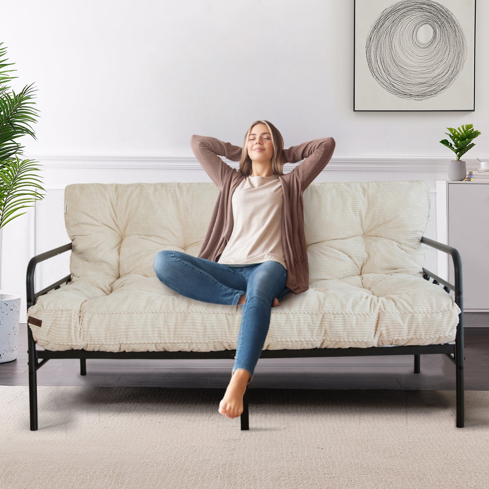 MAXYOYO 6-Inch Tufted Futon Sofa Bed - Thick Corduroy Fabric Floor Mattress for Adults (Mattress Only) in Beige | Perfect for Small Spaces, Guest Rooms & Dorm Rooms