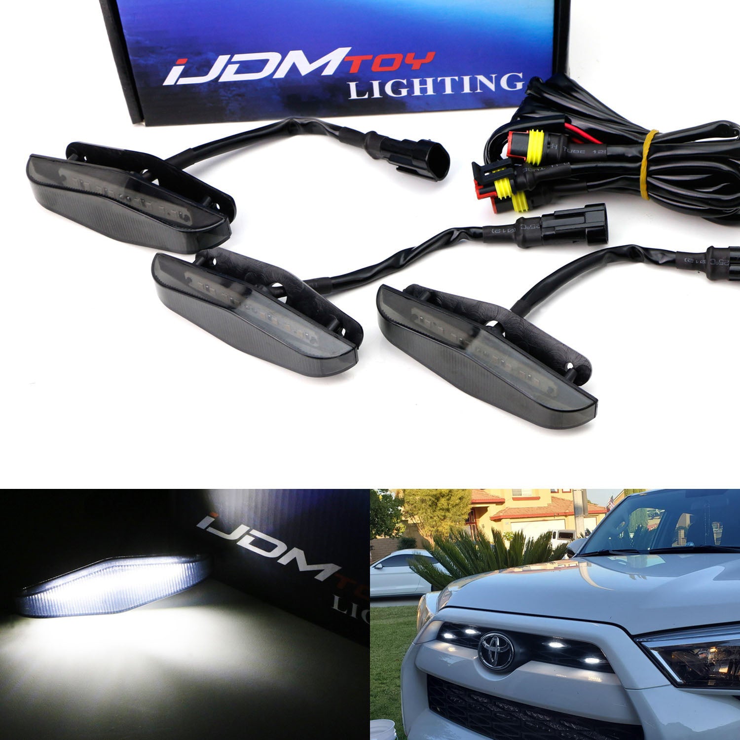 3pc Smoked Lens White LED Front Grille Light Kit for 2014-2023 Toyota 4Runner - Off-Road Lighting Upgrade for Night Driving & Adventure