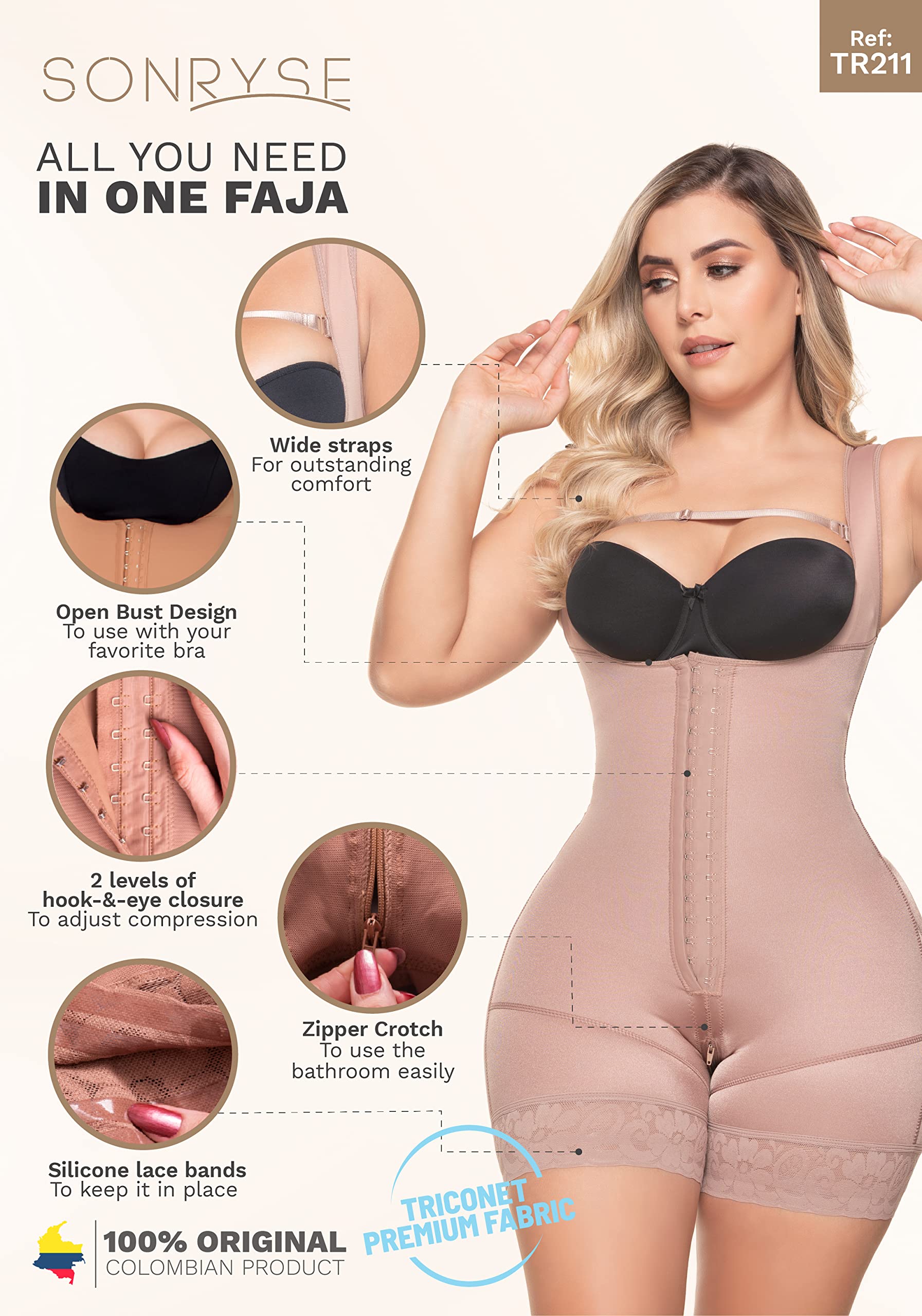 Sonryse TR211BF Women's Butt Lifter Shapewear - Post Surgery Colombian Fajas Stage 1 Body Shaper for Waist & Hip Reduction - Perfect for Recovery, Special Occasions & Everyday Confidence Boost