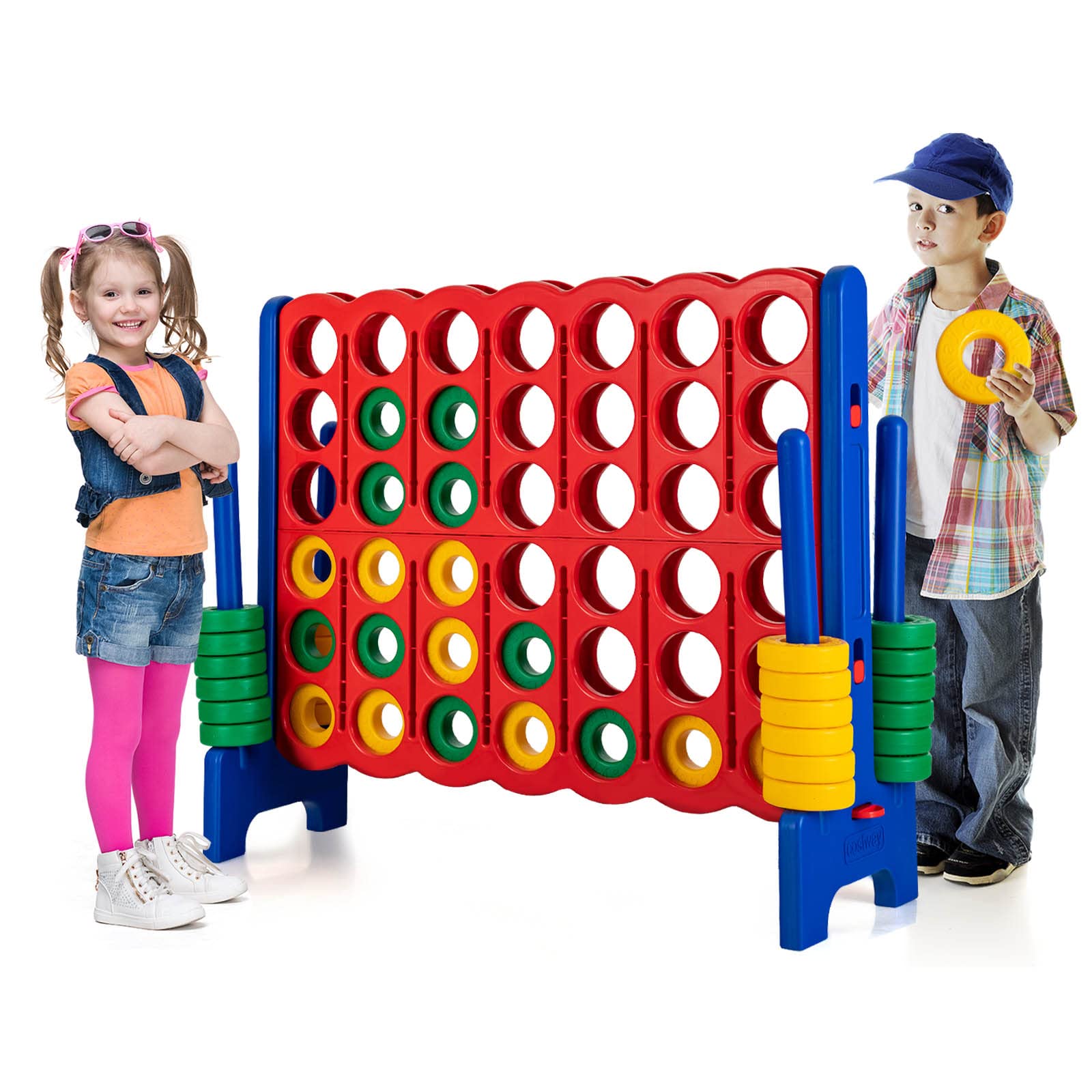 HONEY JOY Jumbo 4-to-Score Giant Game Set - Outdoor Yard Games for Family & Friends - 42 Large Rings with Quick-Release Slider - 3.5FT Tall 4-in-A-Row Connect Game for Kids & Adults - Perfect for Backyard Parties, Picnics, and Outdoor Gatherings