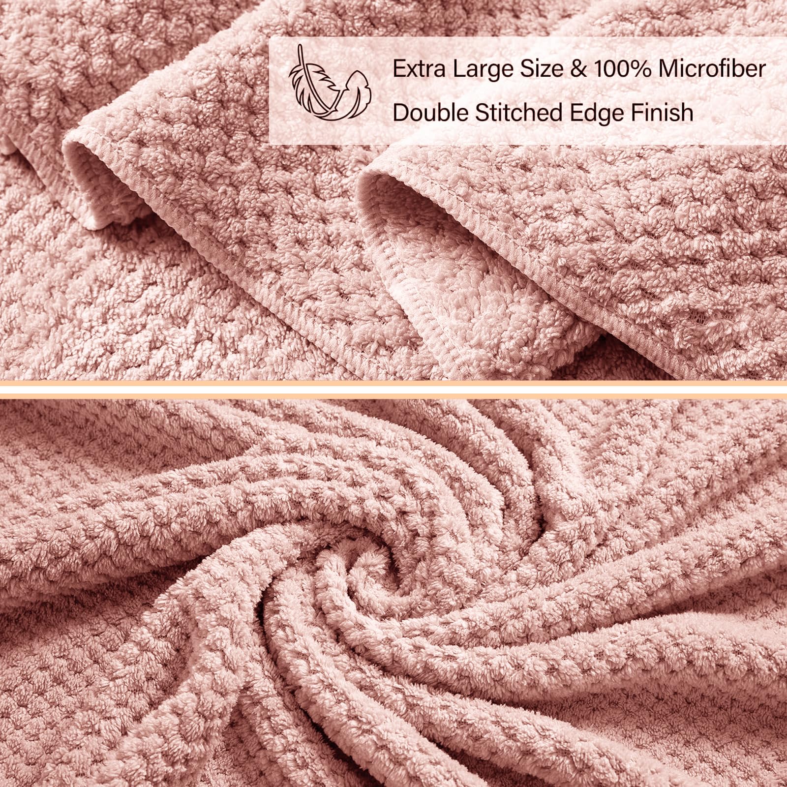 Extra Large Microfiber Hair Towel Wrap for Women - 40 x 26.3 Inches Super Absorbent Hair Drying Towel for Long Thick & Curly Hair - Soft Hair Turban with Elastic Band (Pink) | Perfect for Post-Shower, Salon & Travel Use