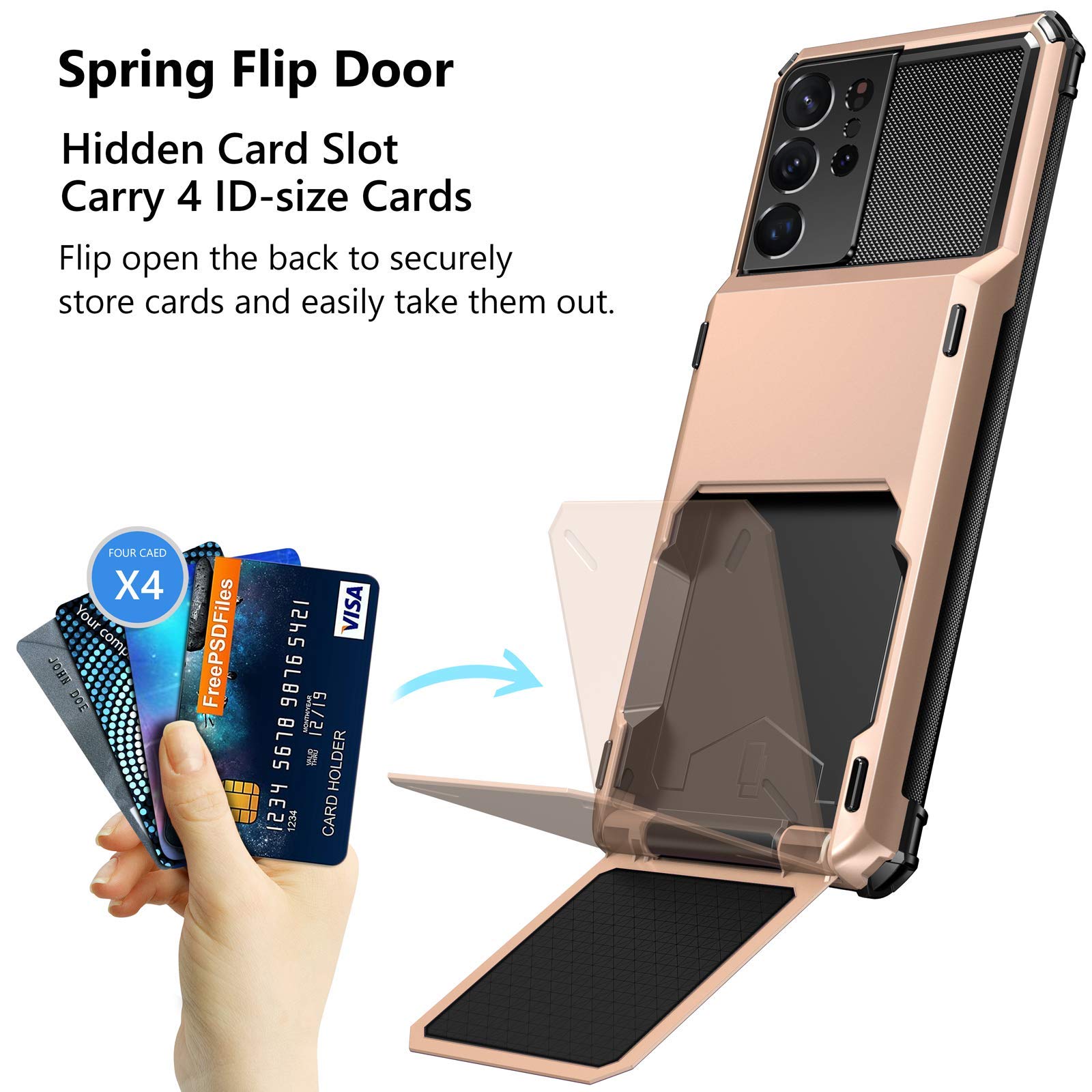 Premium Galaxy S21 Ultra Wallet Case - 4 Card Holder Flip Cover with Dual Layer Protection | Hybrid Hard Shell & Bumper Armor Design | Rose Gold | Perfect for Business, Travel & Everyday Use (Samsung S21 Ultra 6.8