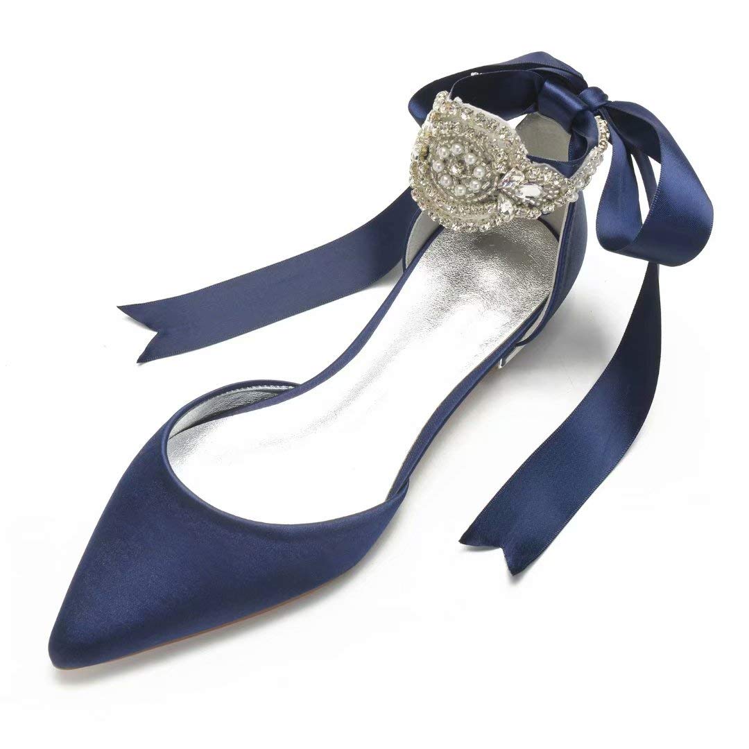 Satin Crystal Wedding Flats for Bride - Pointed Toe Ribbon Tie Party Dress Shoes - Women's Comfortable Bridal Shoes for Wedding, Reception & Special Occasions