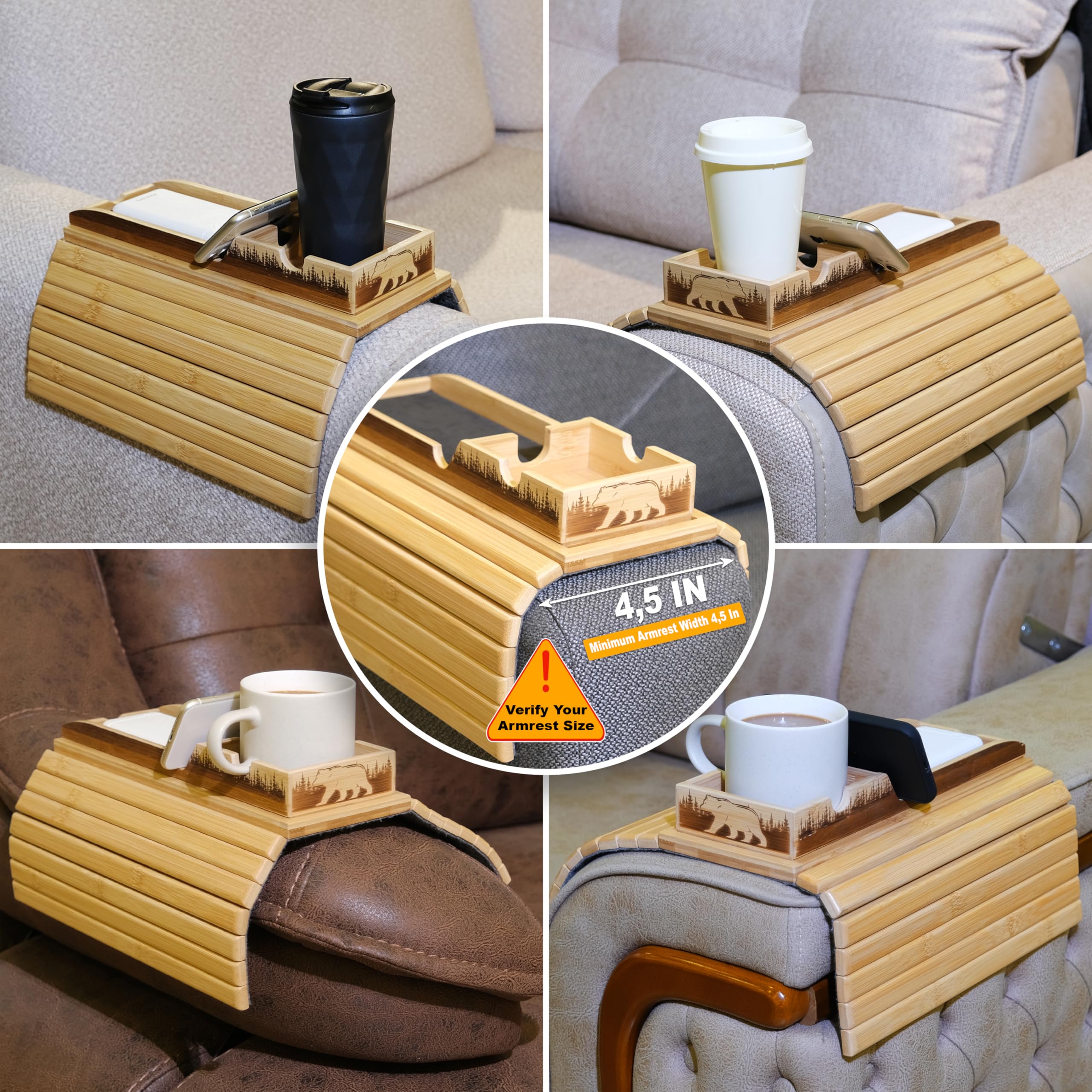 Bamboo Couch Cup Holder Tray - Sofa Arm Table & Side Table for Living Room Furniture | Home Decor Accessories, Couch Organizer, TV Snack Tray - Perfect for Movie Nights & Relaxing in Living Room