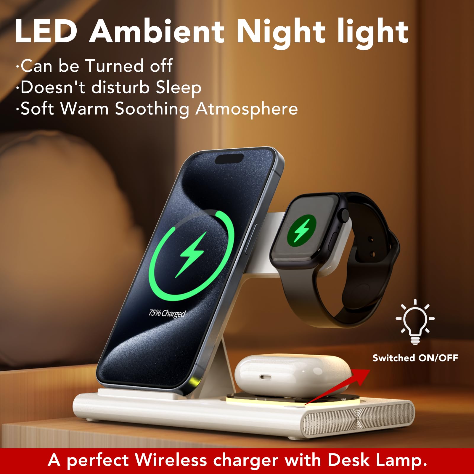3-in-1 Foldable Wireless Charging Station for iPhone 16/15/14/13/12/11 Series, Apple Watch & AirPods 4/3/2/Pro/Pro 2 - Fast Charging Stand with Night Light (White) | Perfect for Bedside, Office & Travel Use