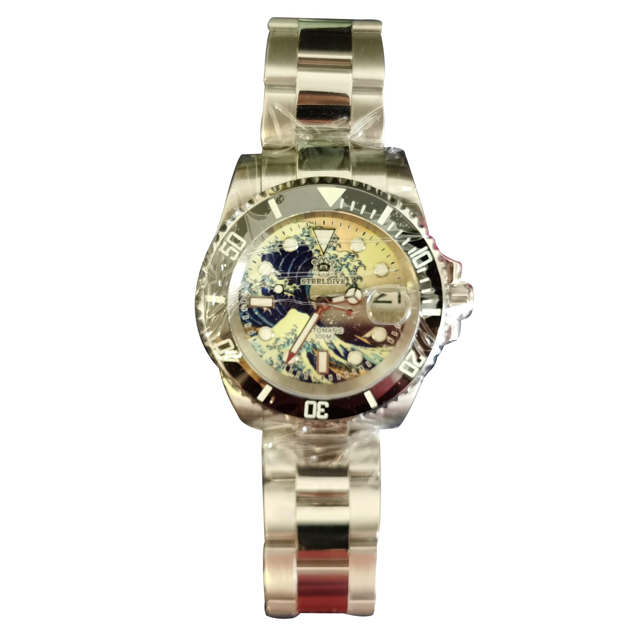 STEELDIVE Luxury Men's Automatic Watch - 30 Bar Waterproof, Self-Winding Mechanical Wristwatch with Stainless Steel Case & Ceramic Bezel, Full Luminous Kanagawa Surfing Dial - Perfect for Diving, Swimming & Outdoor Adventures