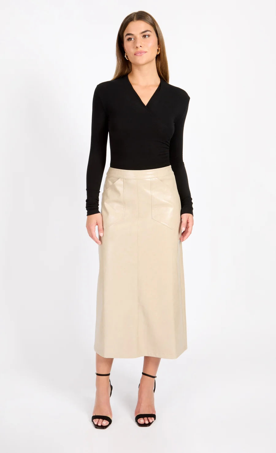 Amie Faux Leather Skirt - Women's High Waist Stretch PU Skirt with Cracked Texture in Oatmeal Color | Perfect for Casual Outfits, Night Out, and Office Wear
