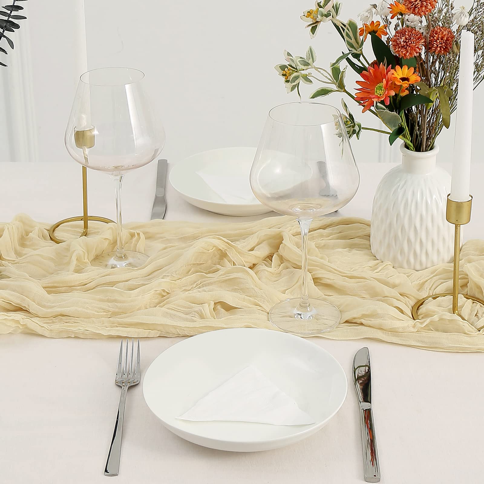 8-Piece Cream Cheesecloth Table Runner Set - 13.3ft Boho Gauze Tablecloth, Rustic Sheer Runner (160 Inches) for Wedding, Bridal Shower, Baby Shower, Birthday Party & Cake Table Decorations - Perfect for Rustic, Farmhouse & Boho Chic Events