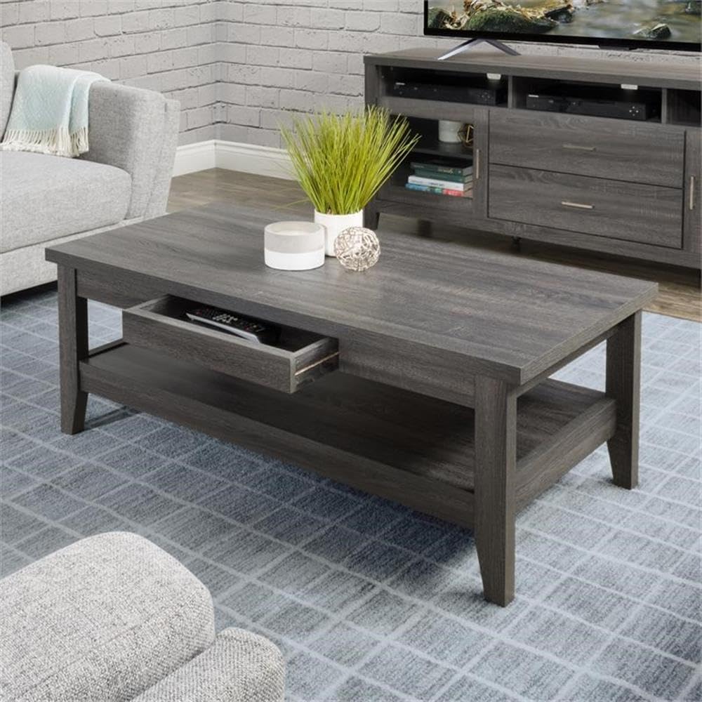 CorLiving Hollywood Dark Gray Engineered Wood Grain Coffee Table with Hidden Drawers - Modern Living Room Furniture for Small Spaces, Home Decor Centerpiece