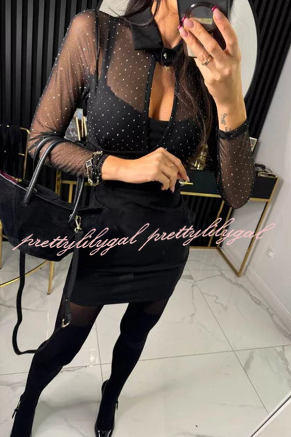 Stevie Mesh Glitter Fabric Cutout Shirt Neck Long Sleeve Stretch Mini Dress for Women | Party, Club, Night Out, Date Night, Special Occasion Outfit