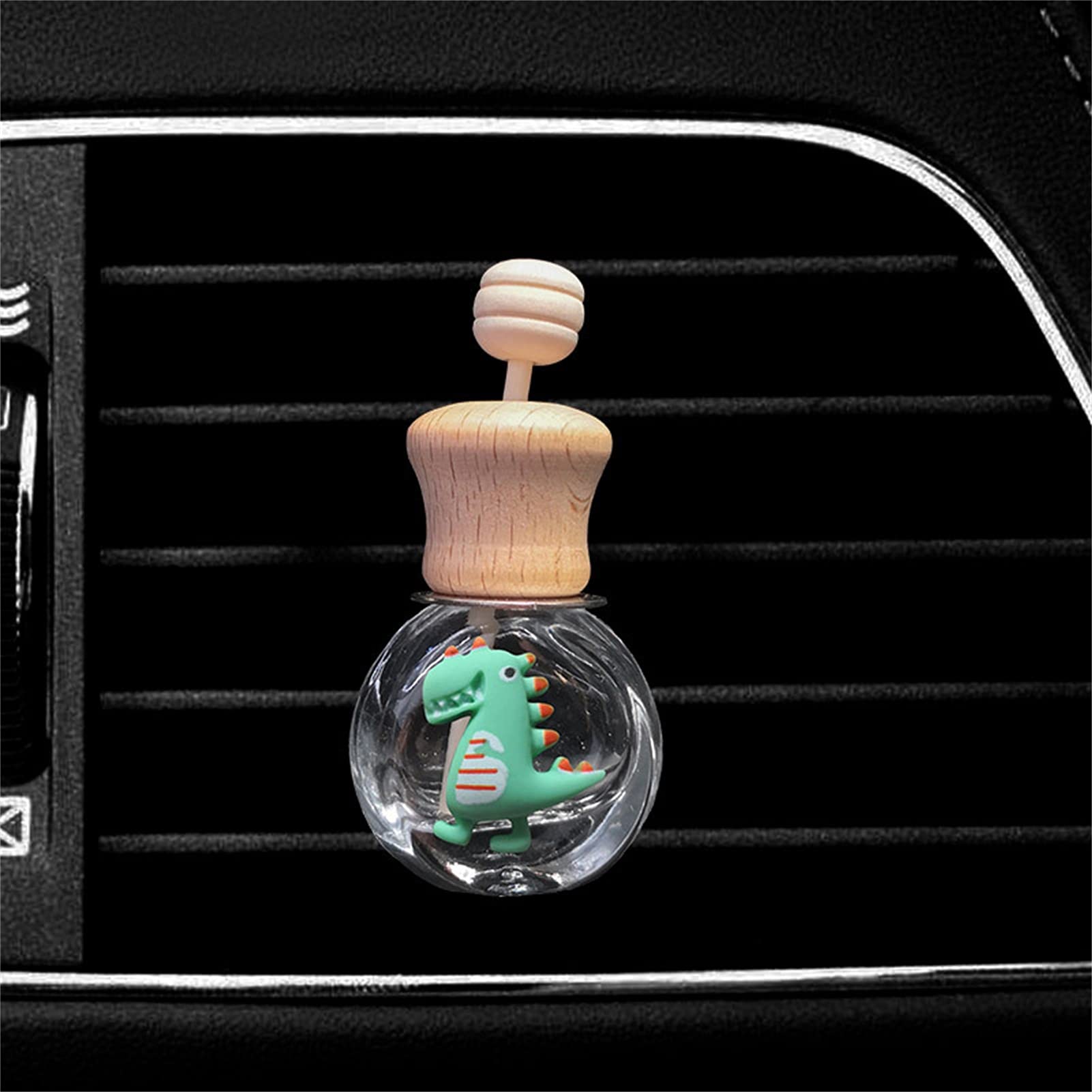 Premium Car Air Freshener Set - 2 Pack Bottle-Shaped Glass Vent Clip with Natural Wood Lid | Easy Install Car Perfume Diffuser | Dinosaur-Themed Interior Accessories | Perfect for Sedans, SUVs & Office Spaces