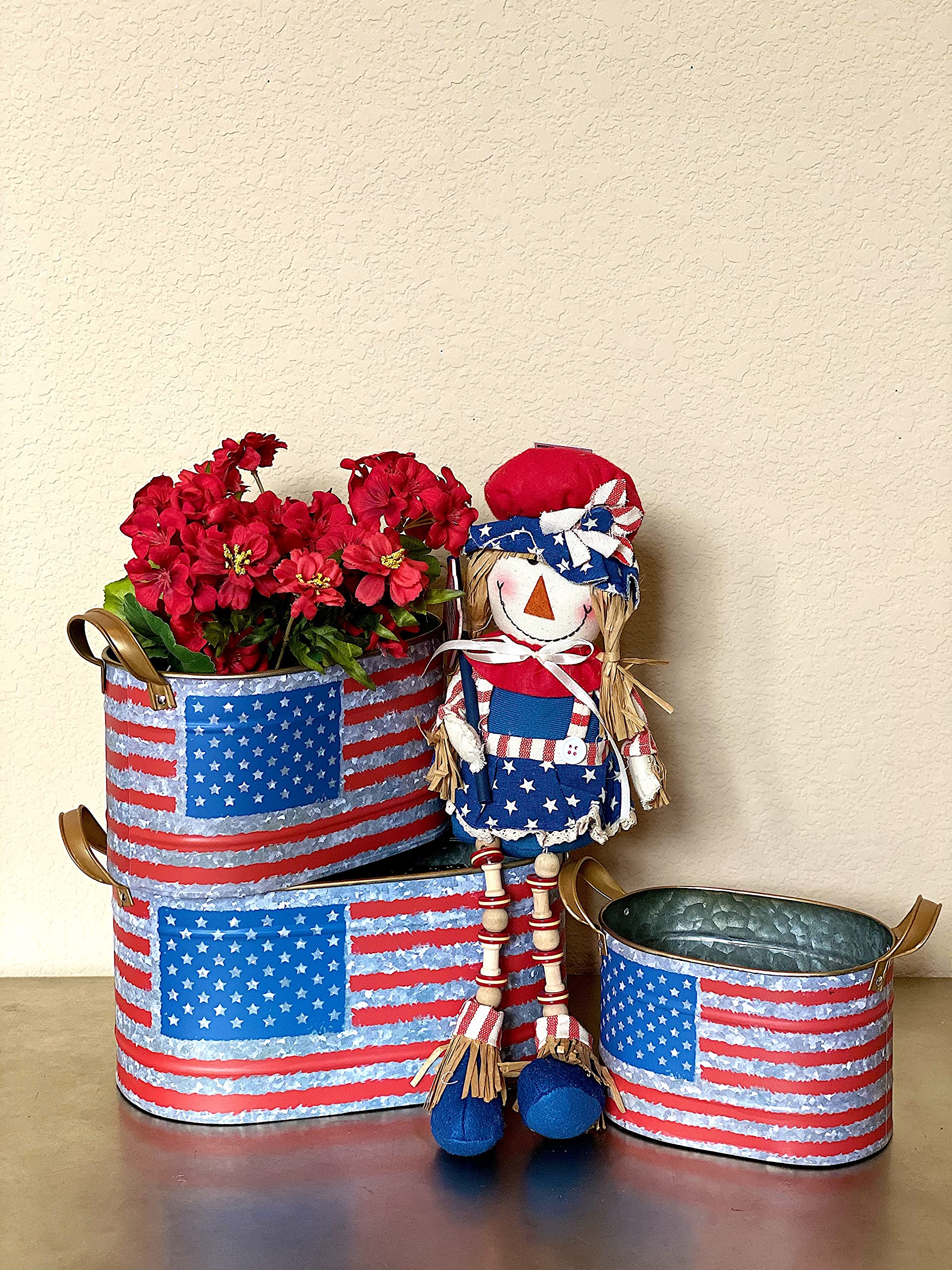 Distressed Metal Buckets with American Flag USA Design - Rustic Kitchen, Pantry, Bathroom & Garden Planter Organizer - Perfect for Home Decor, Storage & Outdoor Planting