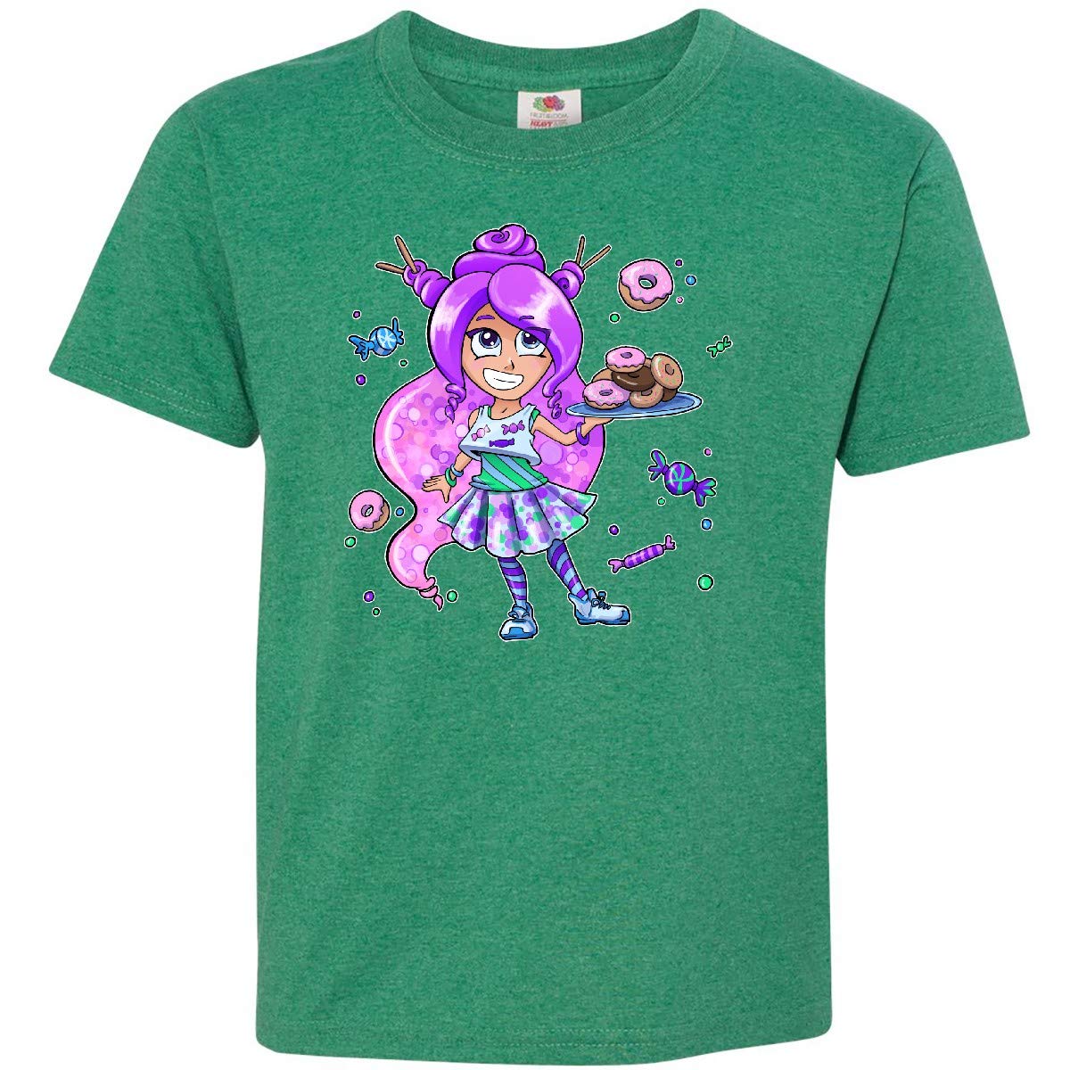 Inktastic Youth T-Shirt - Purple Hair Girl with Donuts & Candy Design | Cute Graphic Tees for Girls | Perfect for Birthday Parties & Casual Wear